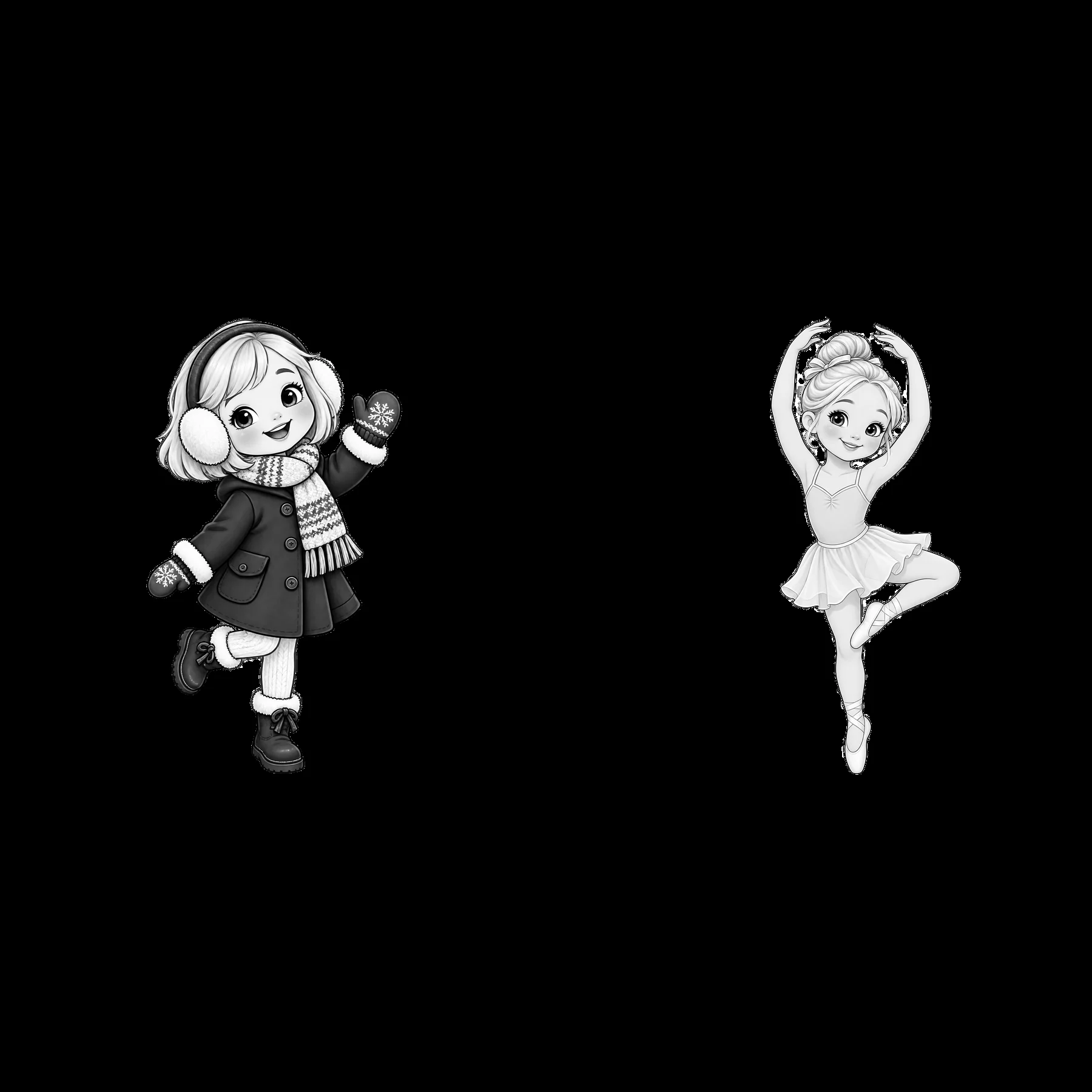 Blond child in winter outfit and ballet pose - AI-generated stock image