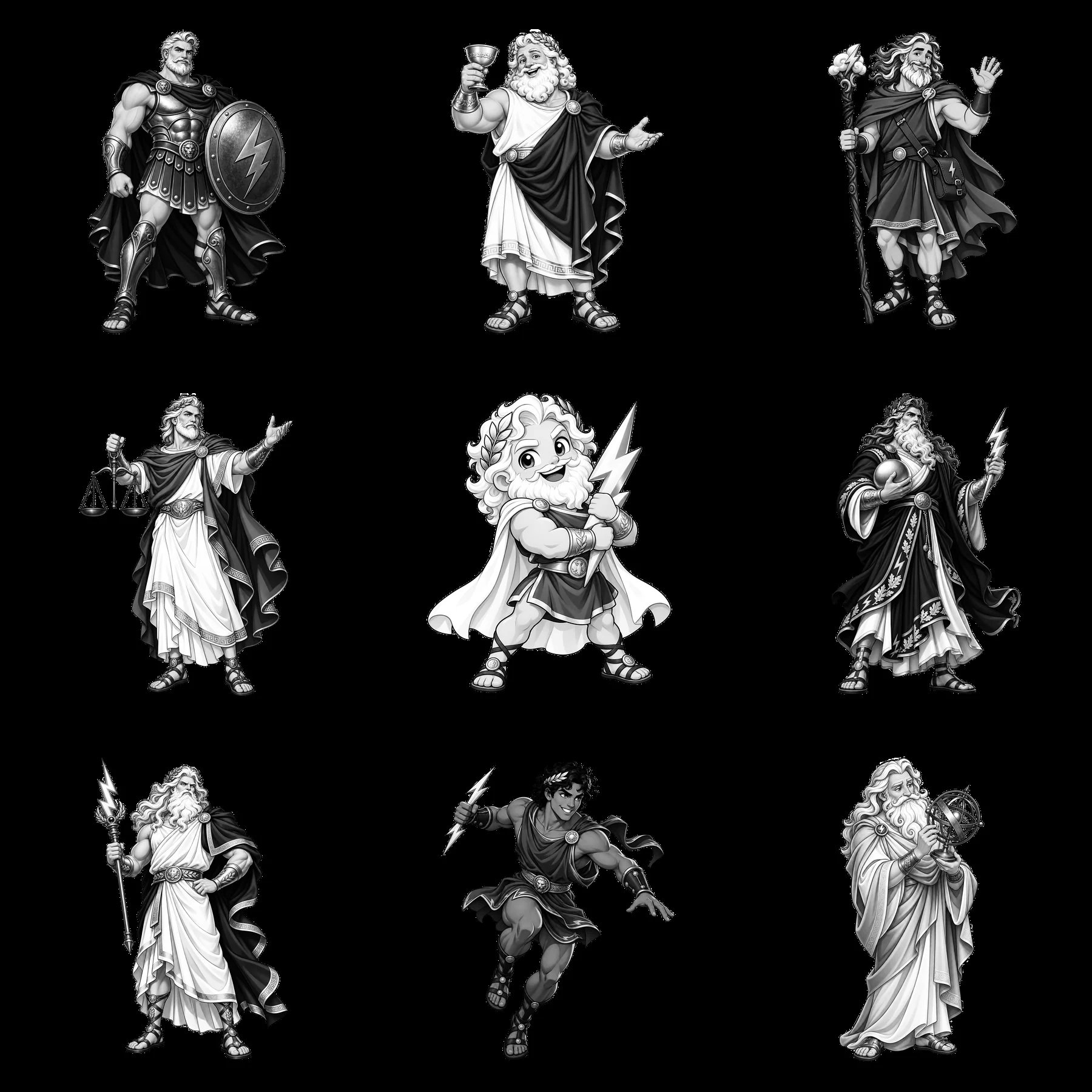 Zeus and mythical characters in a 3x3 array cartoon sticker layout - AI-generated stock image