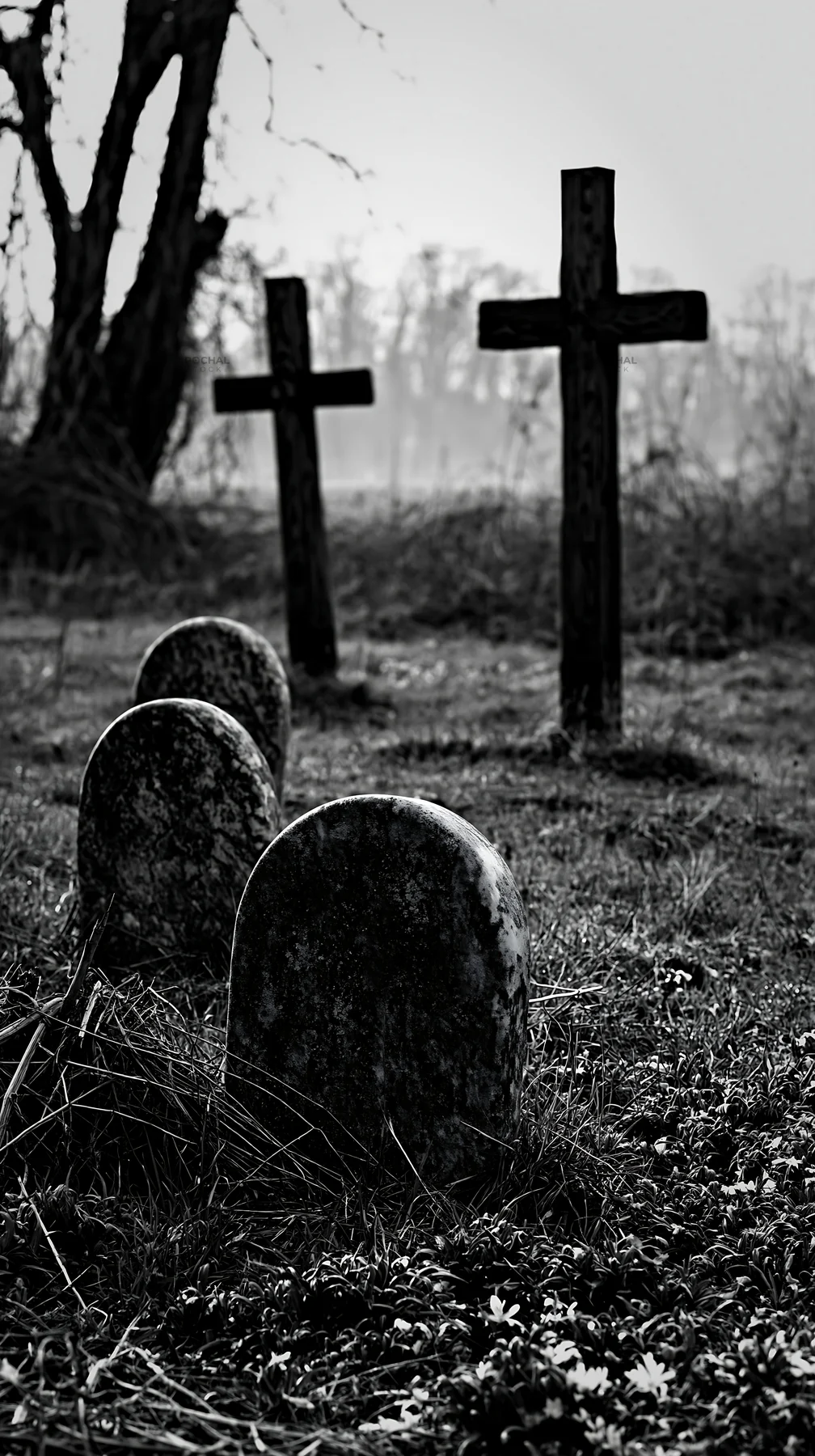 Multiple Christian crosses in Christmas meadow - AI-generated stock image