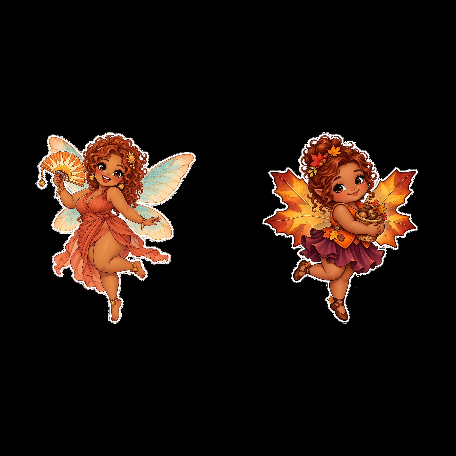 Kawaii chubby fairies holding accessories in vibrant colors - AI-generated stock image