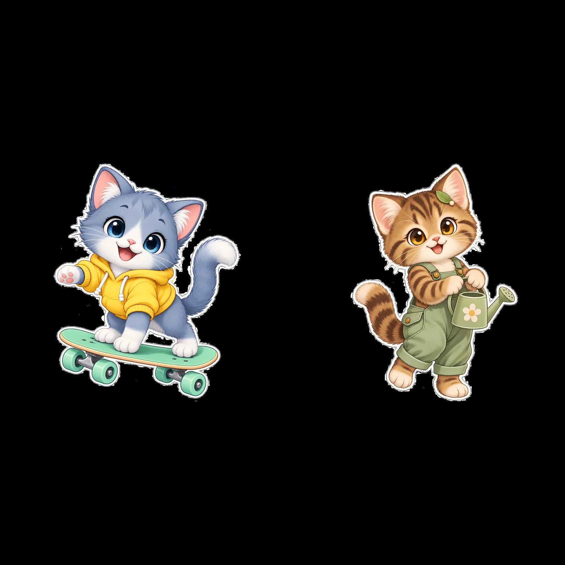 Kawaii cat stickers of playful skateboard and gardening cats - AI-generated stock image
