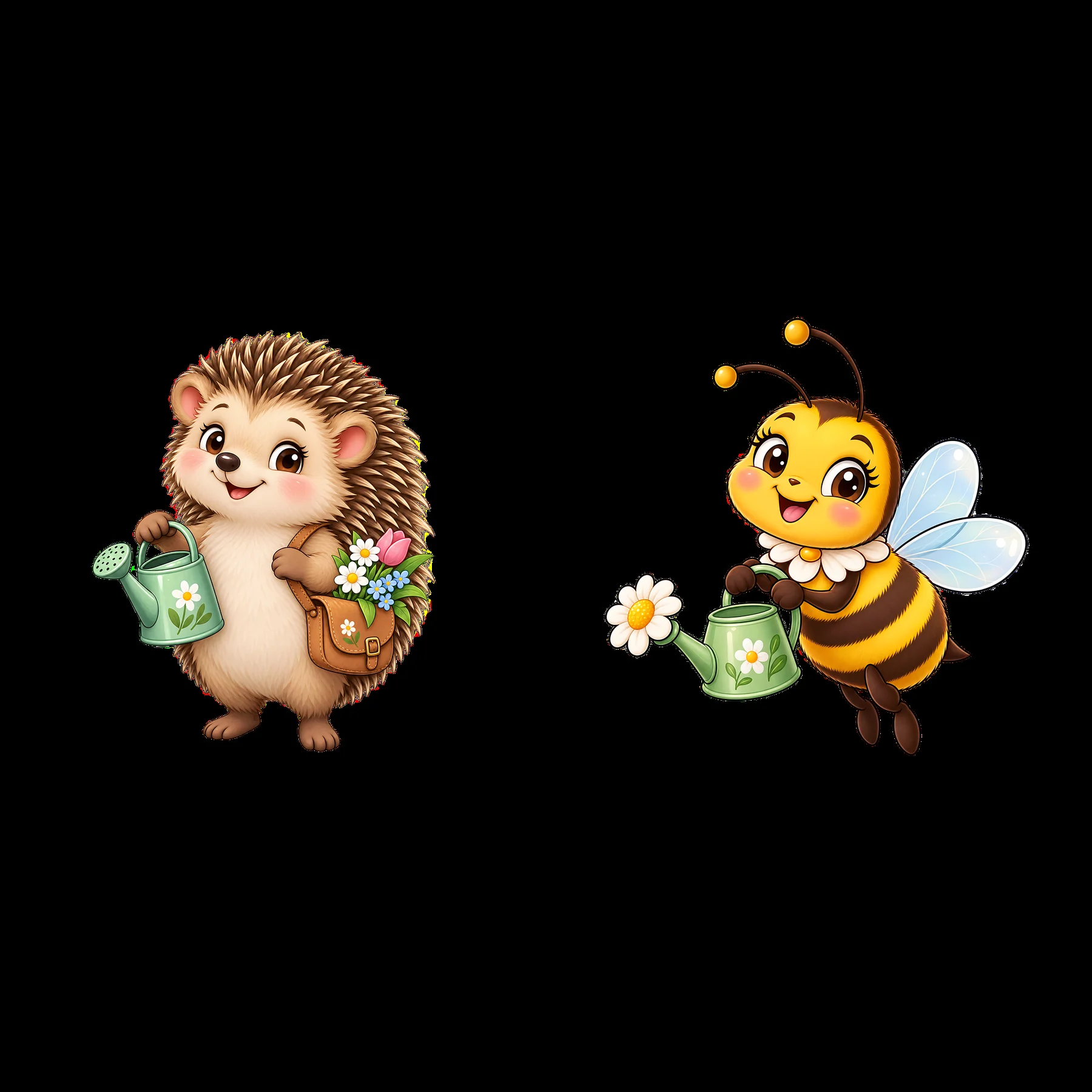 Hedgehog and bee watering flowers in an Easter meadow scene - AI-generated stock image