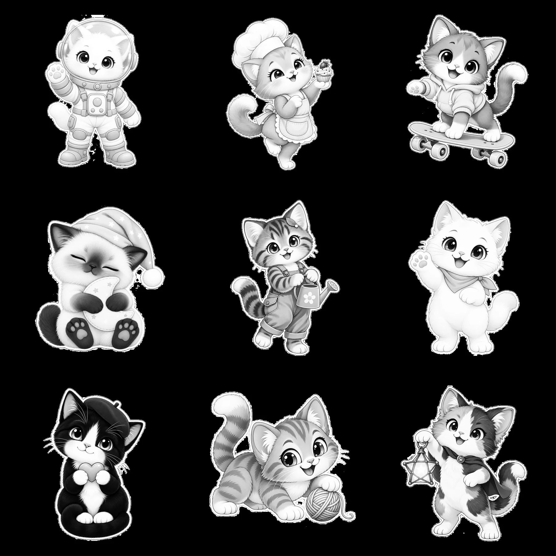 Kawaii cat sticker set with playful cat characters in black and white - AI-generated stock image