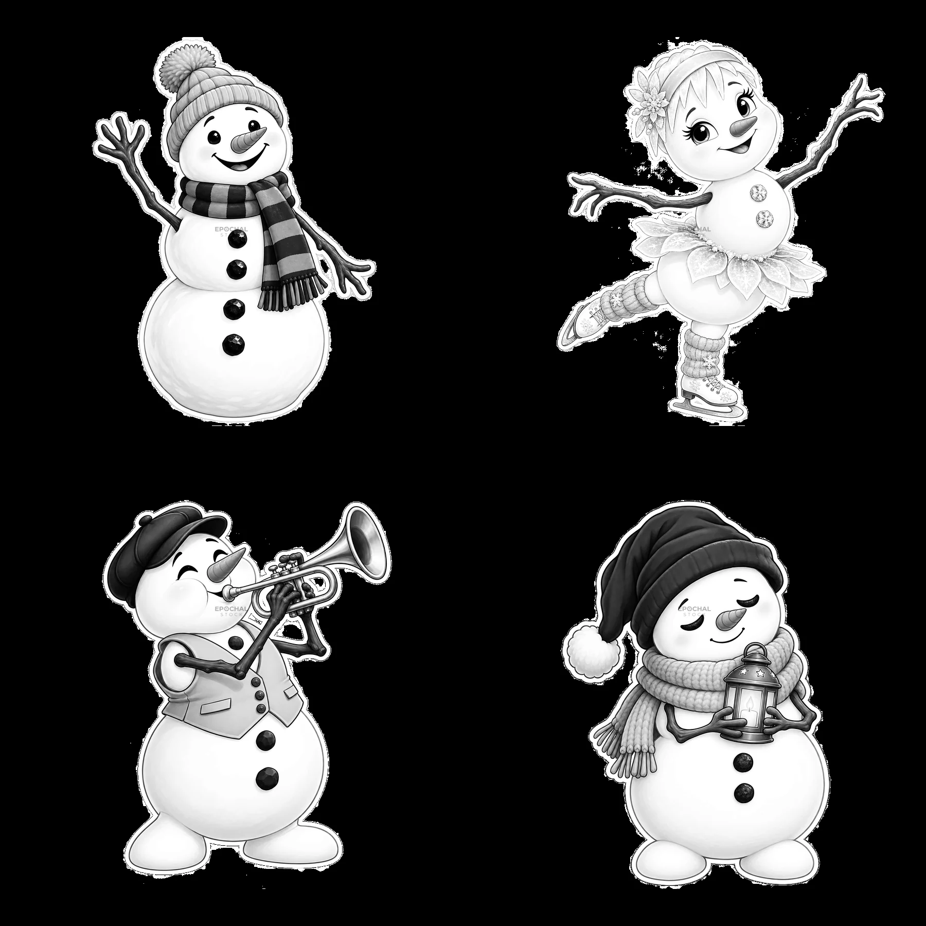 Snowman with friends skating, playing trumpet, and holding bell - AI-generated stock image