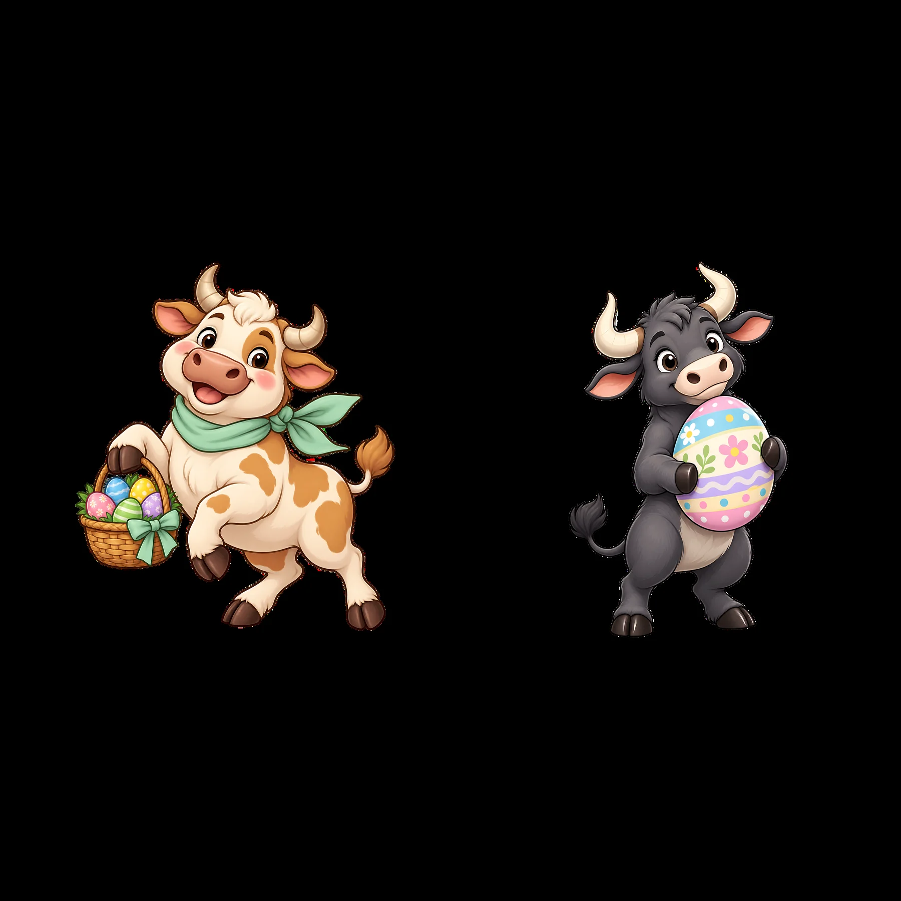 Easter ox characters holding eggs and baskets - AI-generated stock image