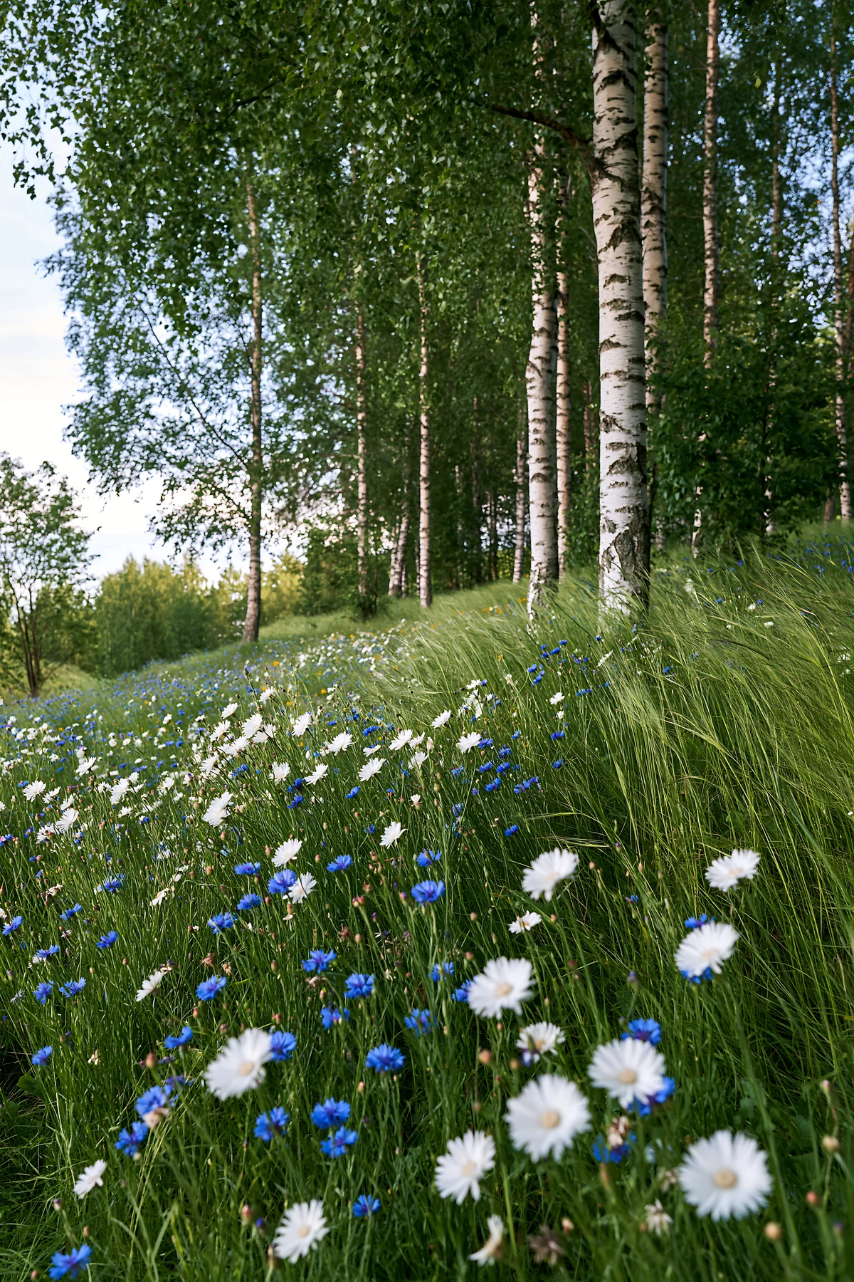 Birch grove with wildflowers in a meadow - AI-generated stock image
