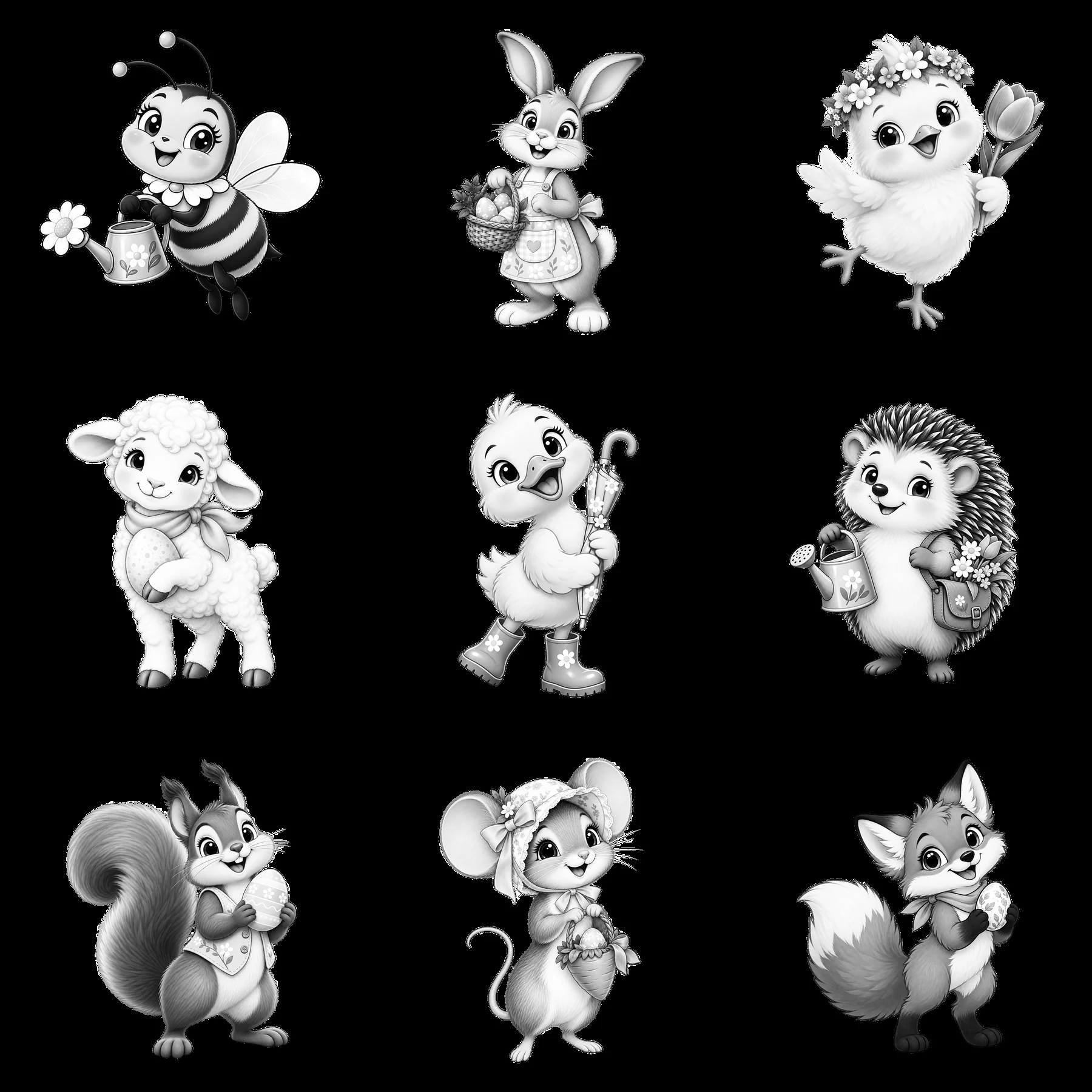 Easter meadow characters gathering flowers in black and white - AI-generated stock image