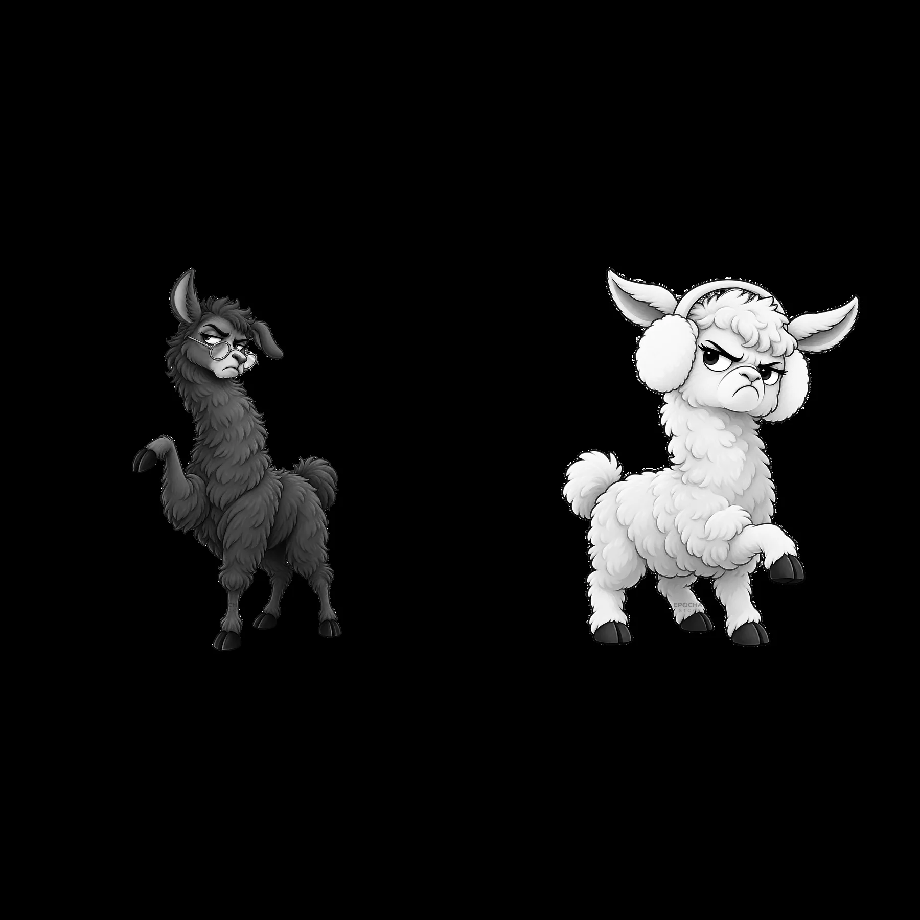 Grumpy cartoon llama and alpaca stickers with distinct expressions - AI-generated stock image