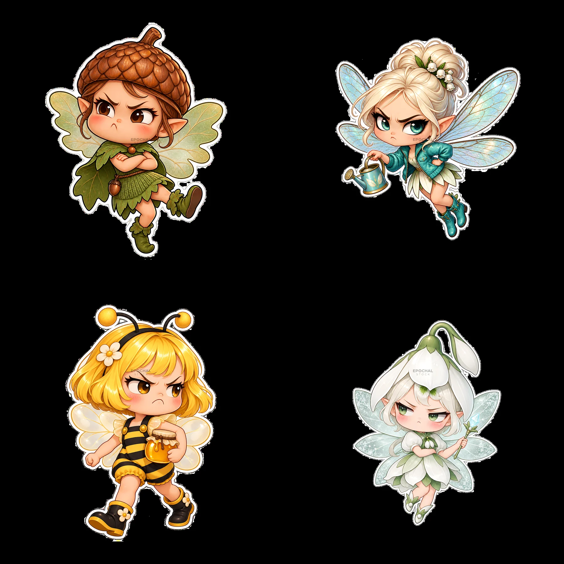 Kawaii grumpy fairies and bee characters with various accessories - AI-generated stock image