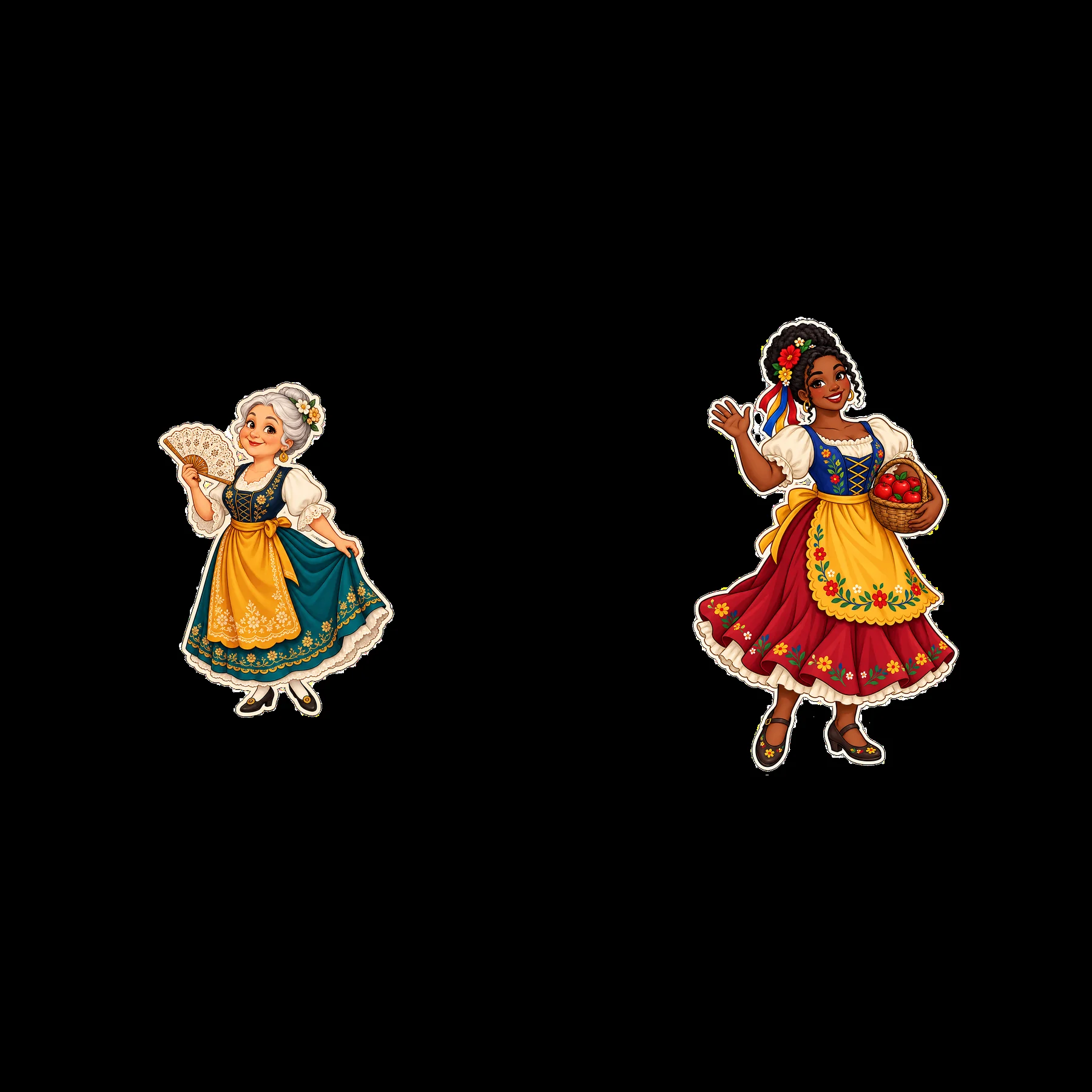 Women in traditional folk dress holding accessories in a pair - AI-generated stock image