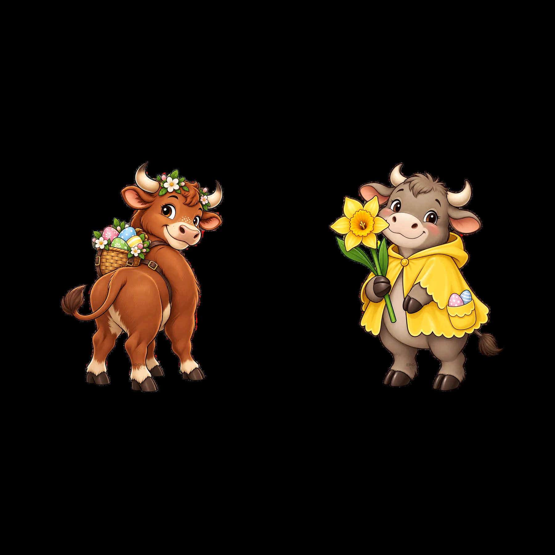 Easter ox characters with flowers and basket of eggs - AI-generated stock image