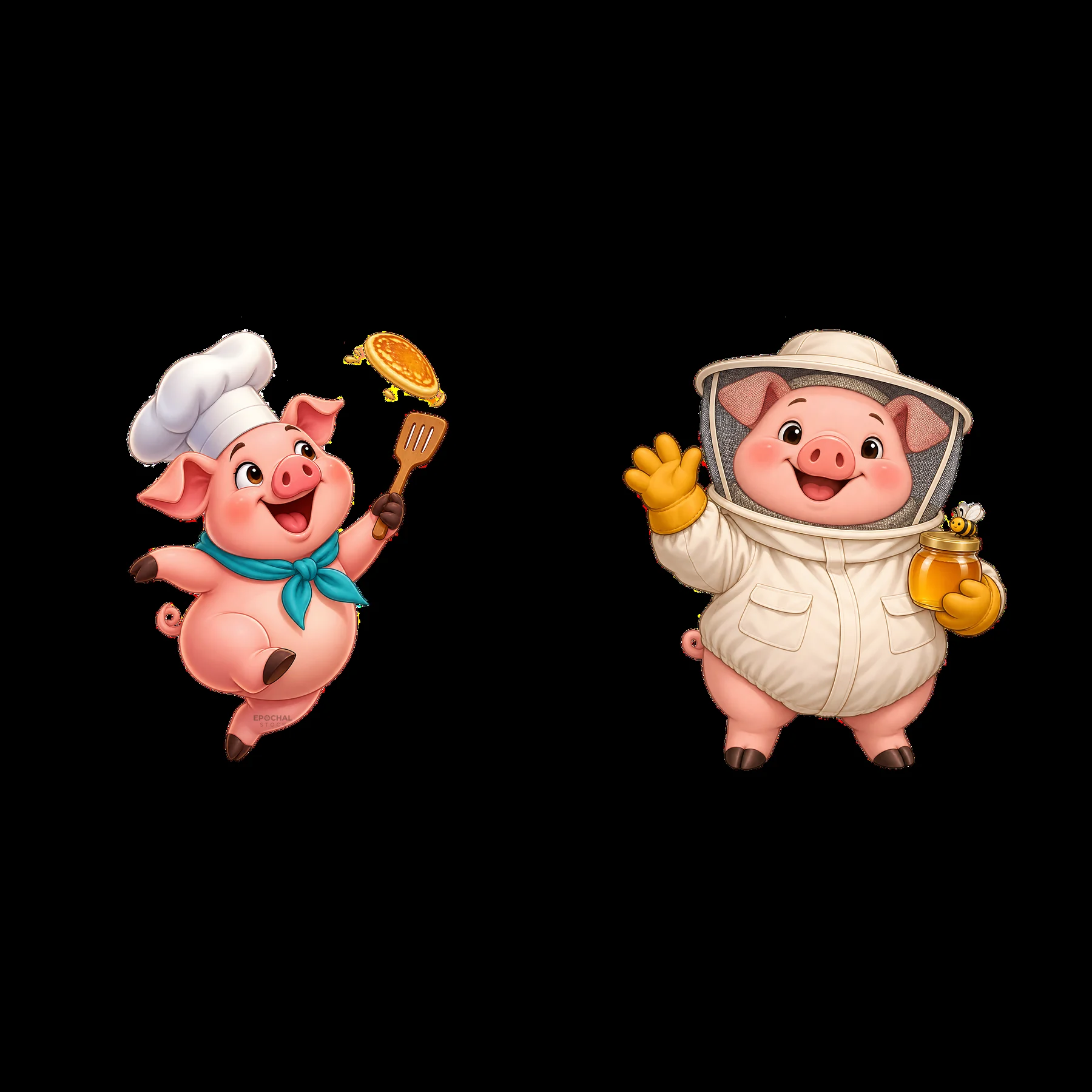 Pig chef and pig beekeeper with honey and pancake - AI-generated stock image