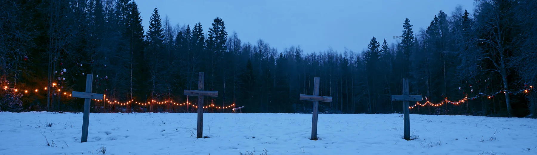Wooden crosses in snowy meadow with lights at dusk - AI-generated stock image