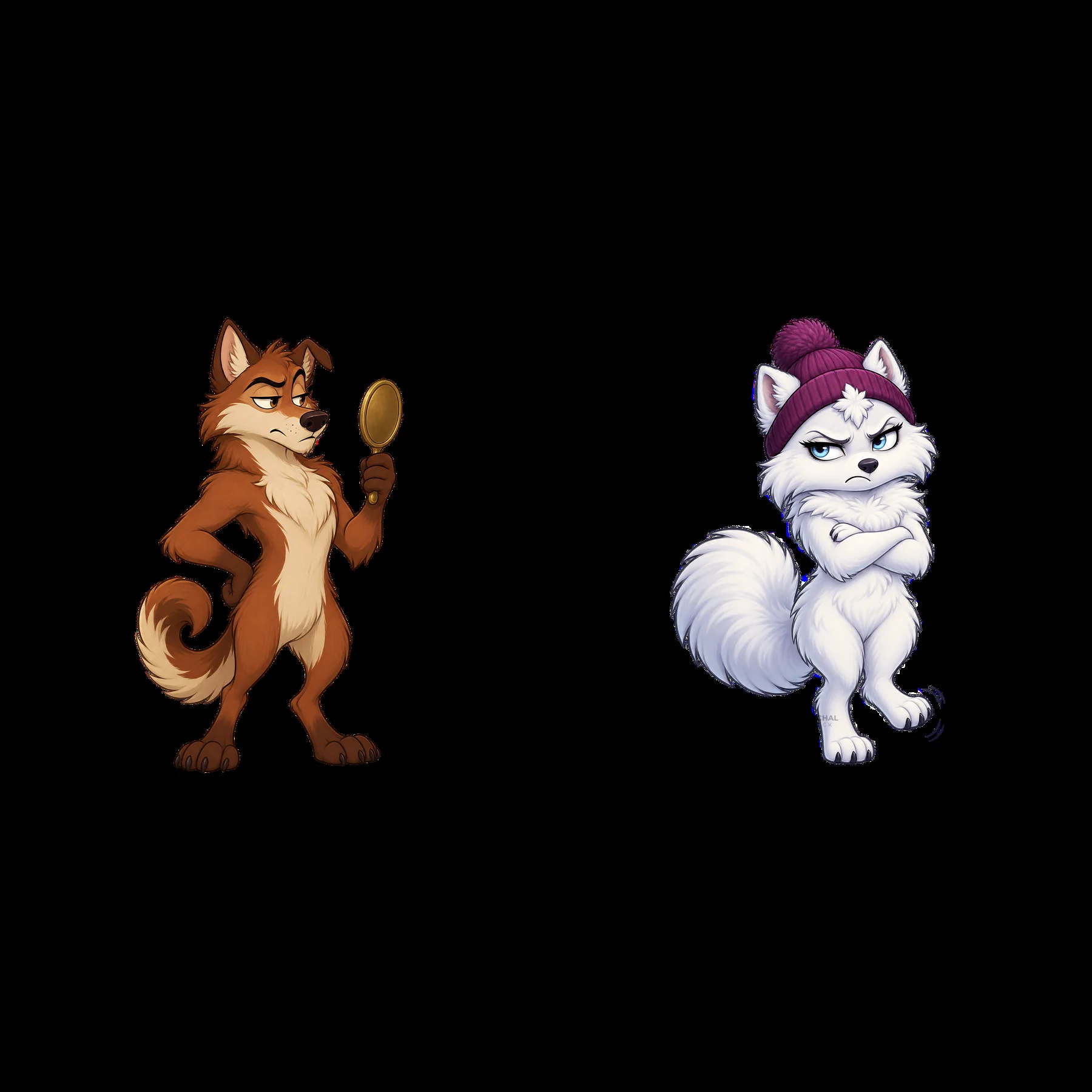Grumpy wolf and sassy wolf with a magnifying glass and hat - AI-generated stock image