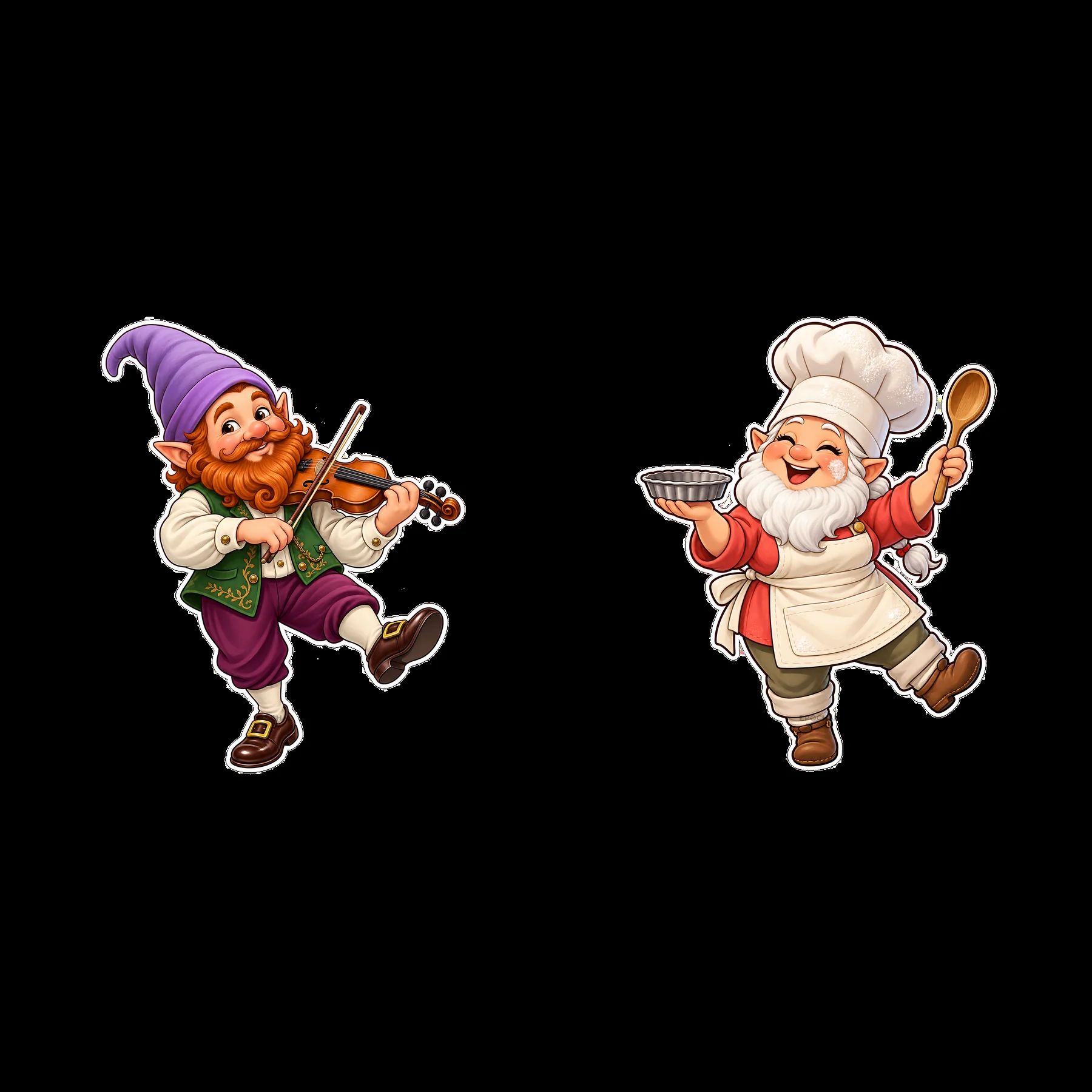 Gnome playing violin and cooking with spoon and bowl - AI-generated stock image