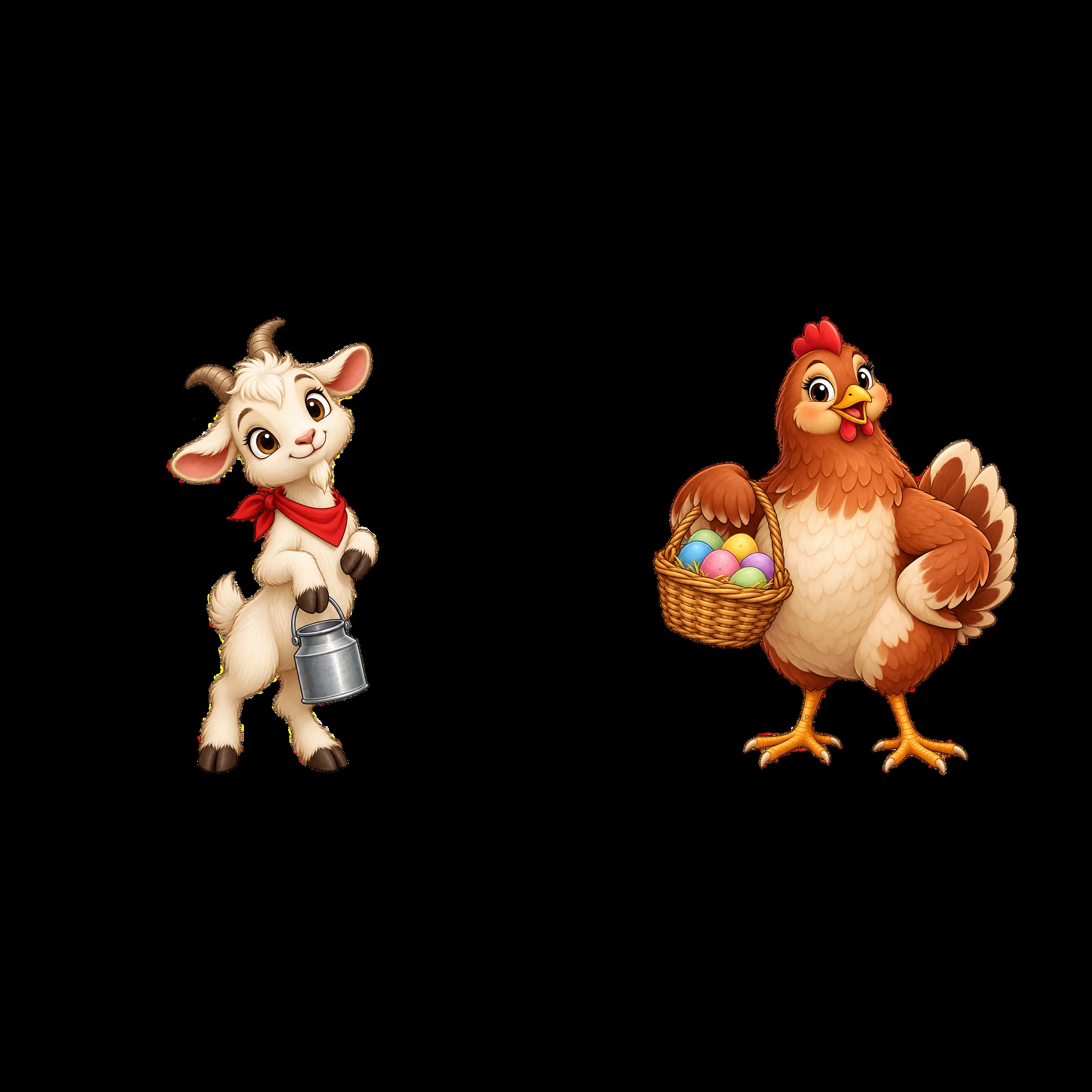 Goat with milk can and hen with basket of colorful eggs - AI-generated stock image