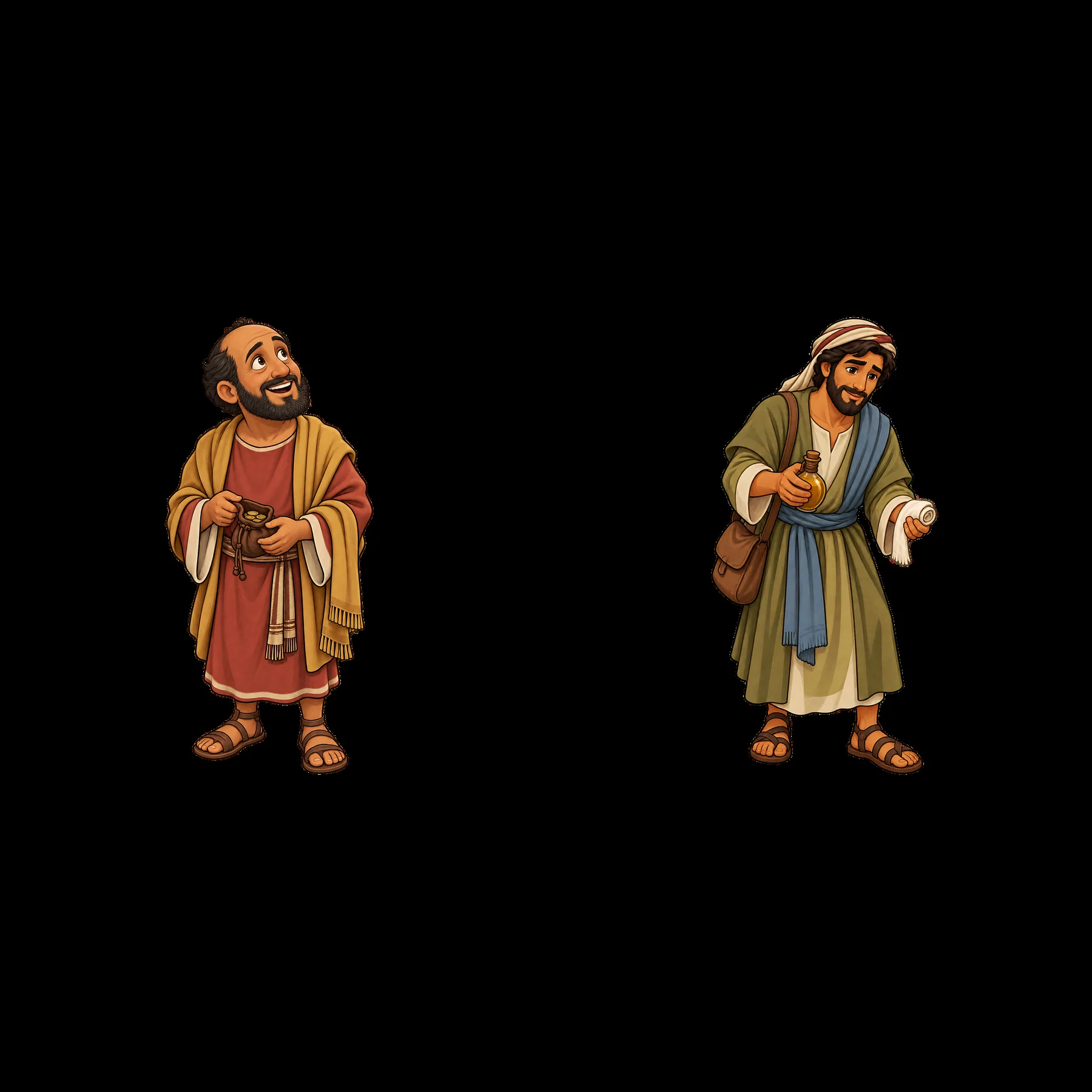 Two biblical figures discussing faith with scrolls in hand - AI-generated stock image