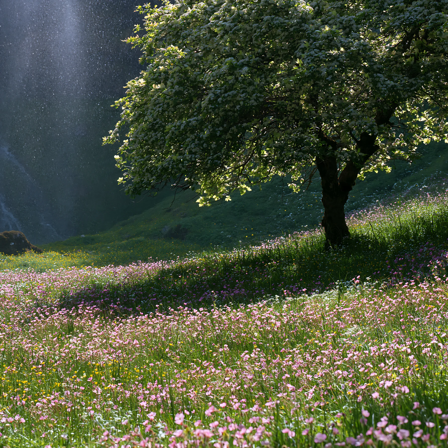 Early spring meadow with flowering tree and sunlight - AI-generated stock image