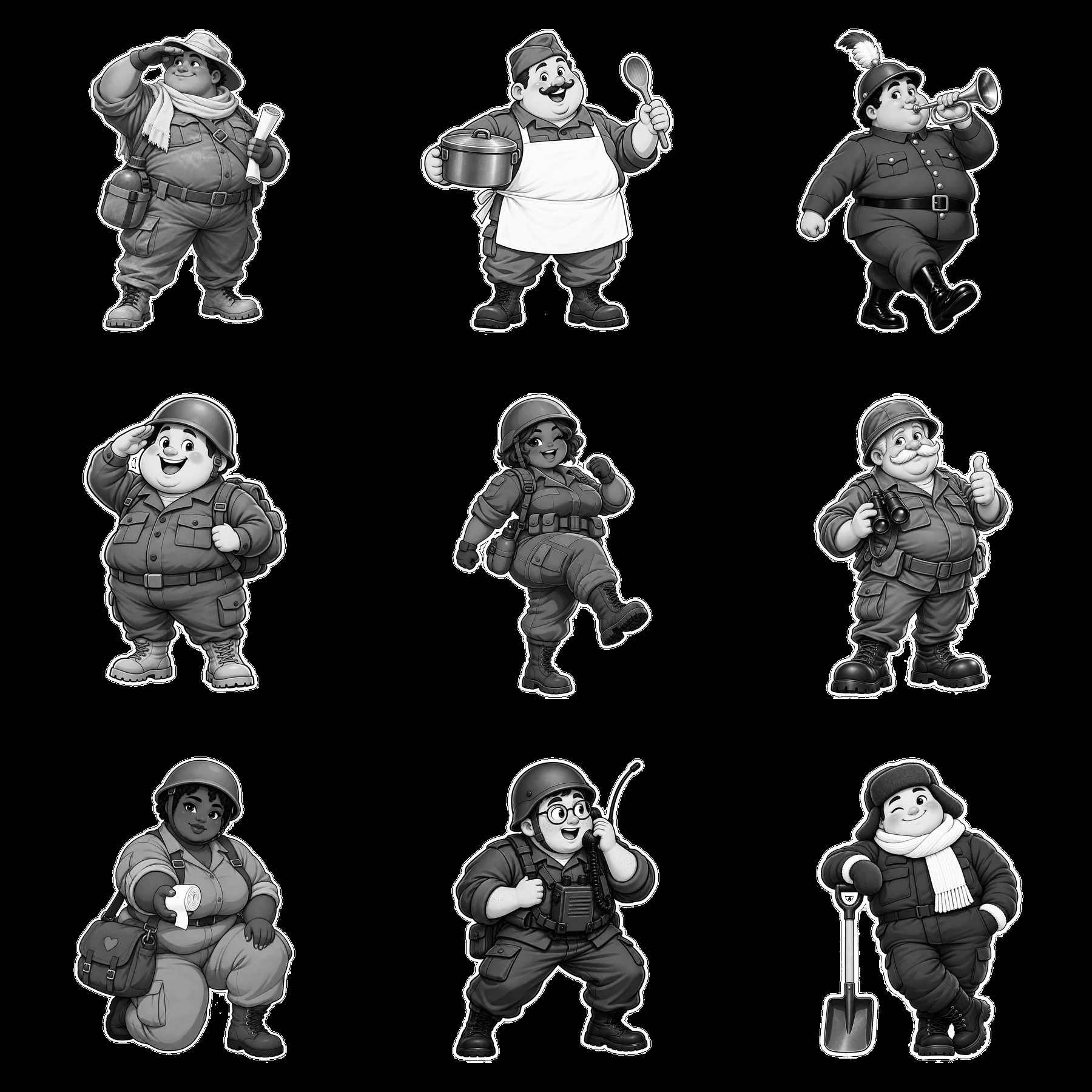 Chubby soldier cartoon stickers in a grid layout - AI-generated stock image