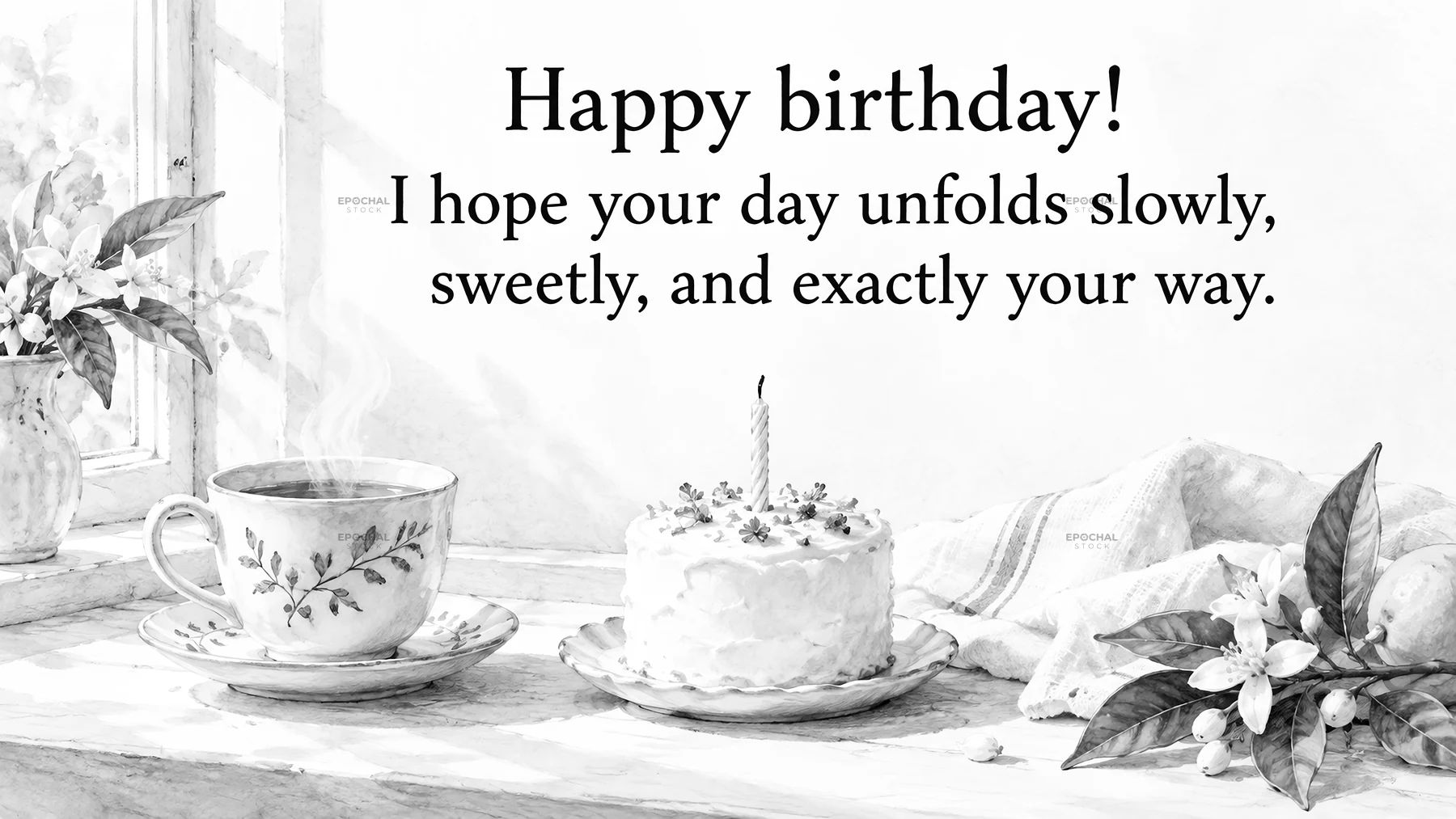 Monochrome Birthday Cake and Tea Greeting - AI-generated stock image