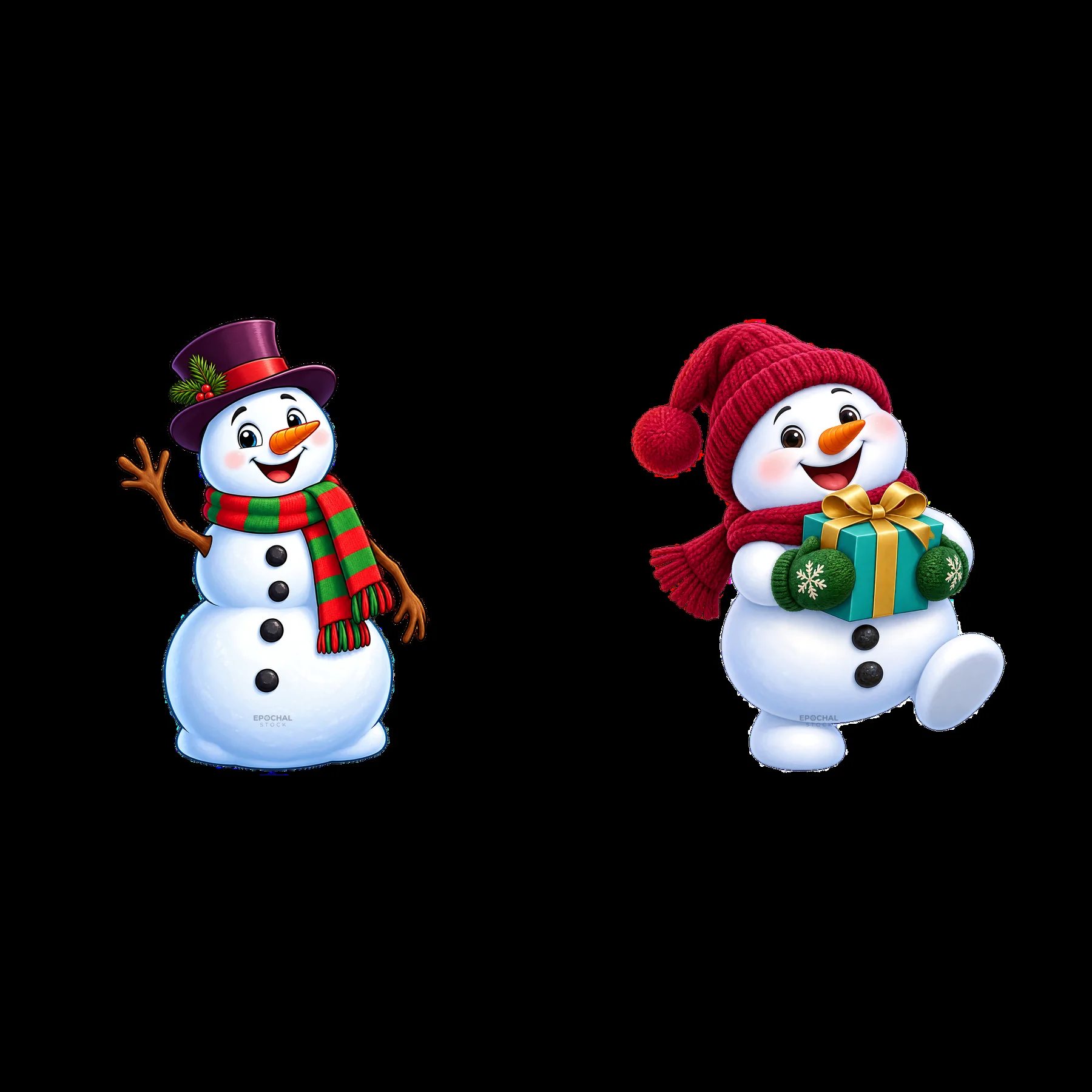 Two cheerful snowman stickers with gifts and festive hats - AI-generated stock image