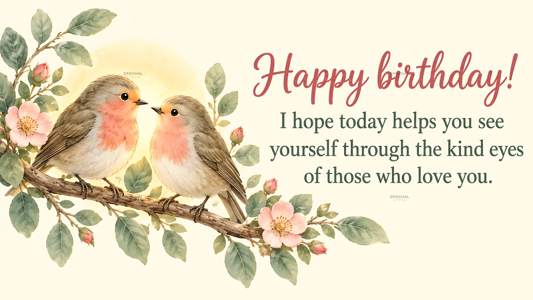 Watercolor Birthday Greeting with Two Birds on a Branch - AI-generated stock image