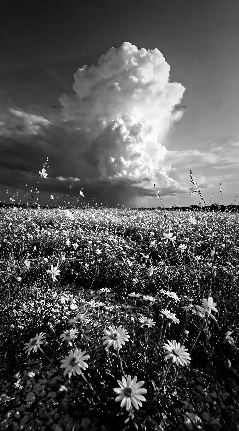 Black and white drought-tolerant meadow with white flowers and clouds - AI-generated stock image