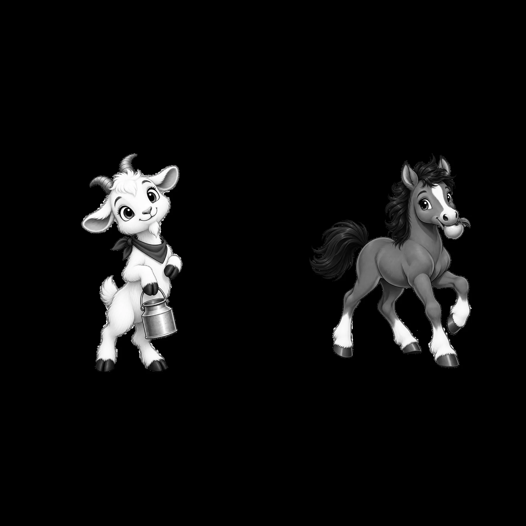 Cartoon goat holding a milk can and a galloping horse scene - AI-generated stock image