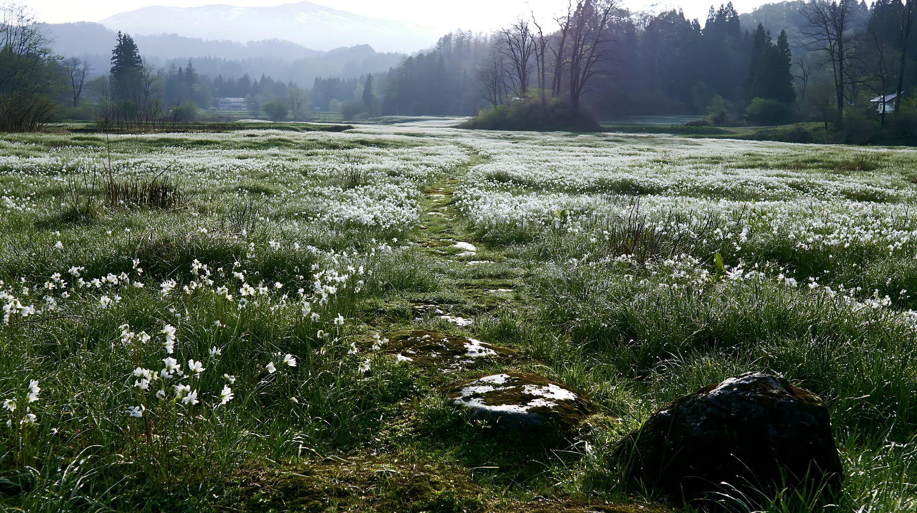 Miyagi spring recovery meadow mossy stone in sunny landscape - AI-generated stock image