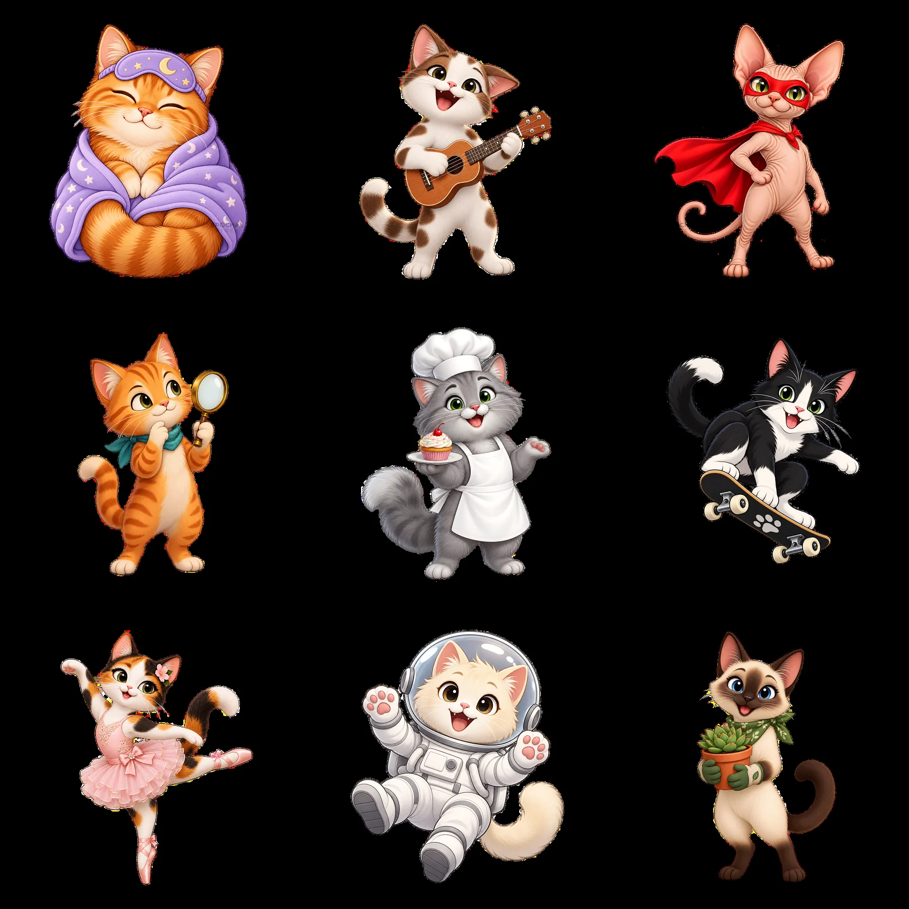 Cats in various fun roles and activities in a grid layout - AI-generated stock image