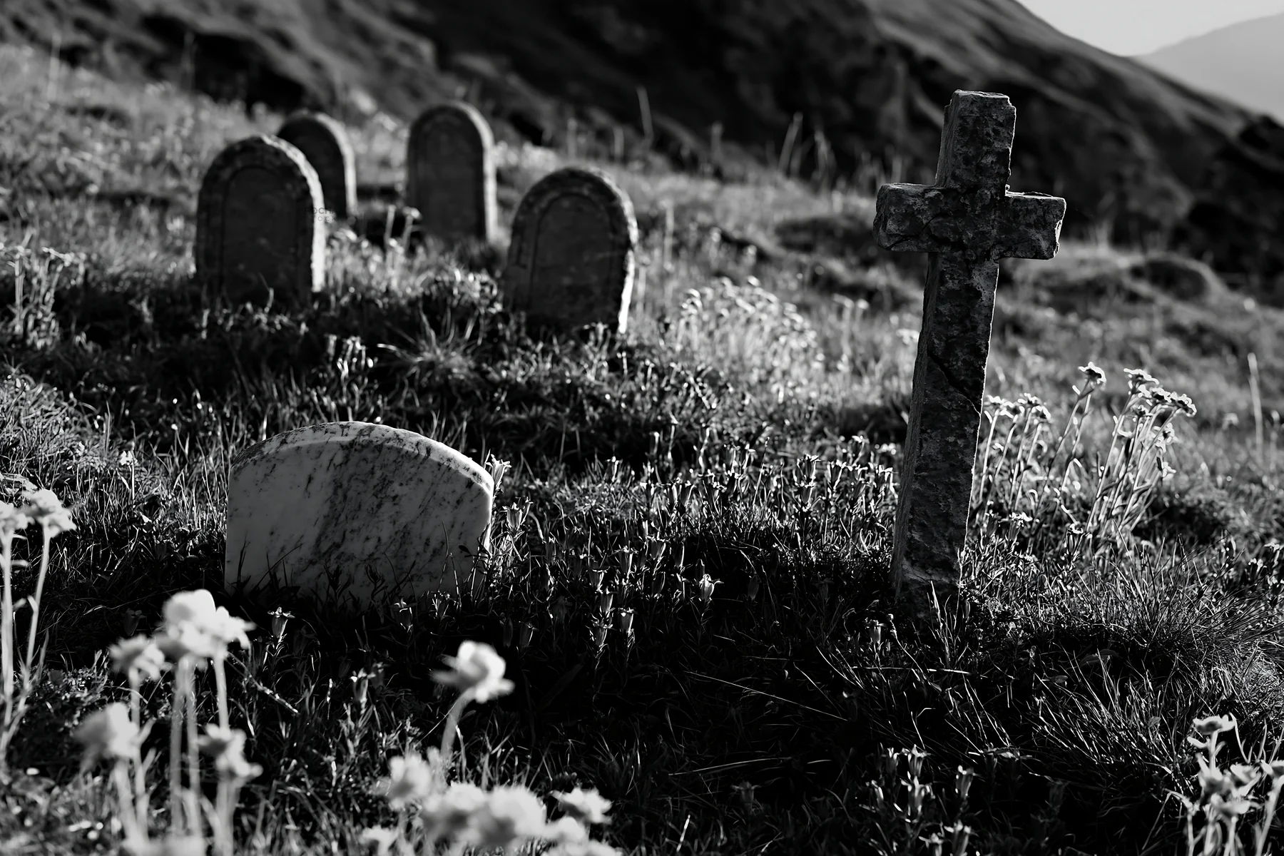 Christian cross in sunlit alpine meadow with flowers - AI-generated stock image