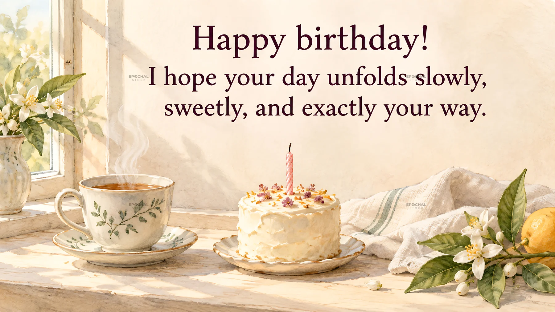 Birthday greeting with cake, tea and flowers - AI-generated stock image