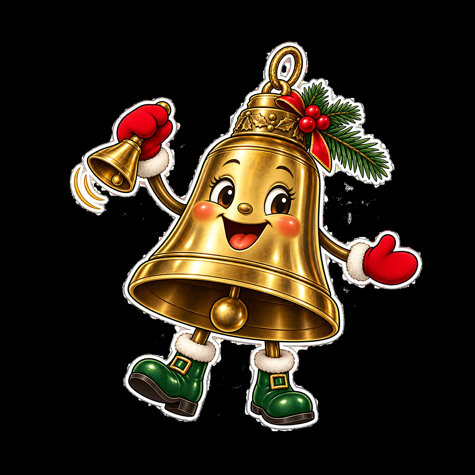 Festive cartoon bell character wearing gloves and holding a bell - AI-generated stock image
