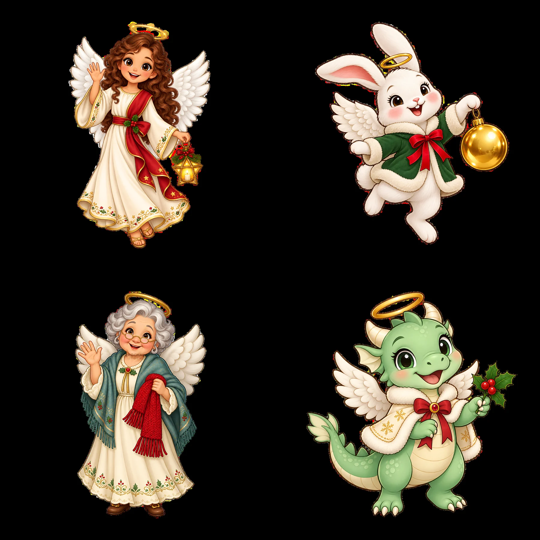 Christmas angel characters with festive accessories in a grid - AI-generated stock image