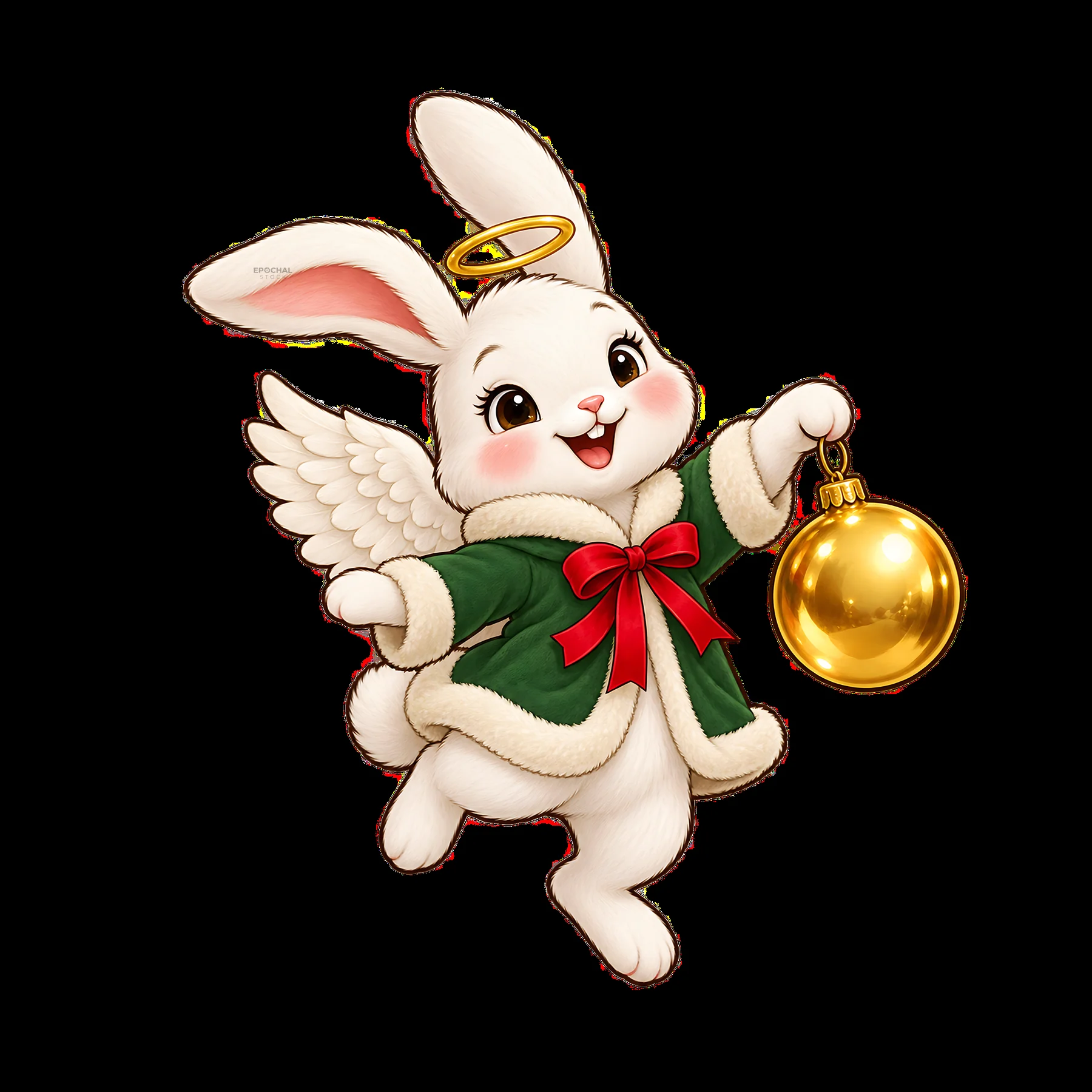 Cute Christmas angel bunny holding a golden ornament - AI-generated stock image