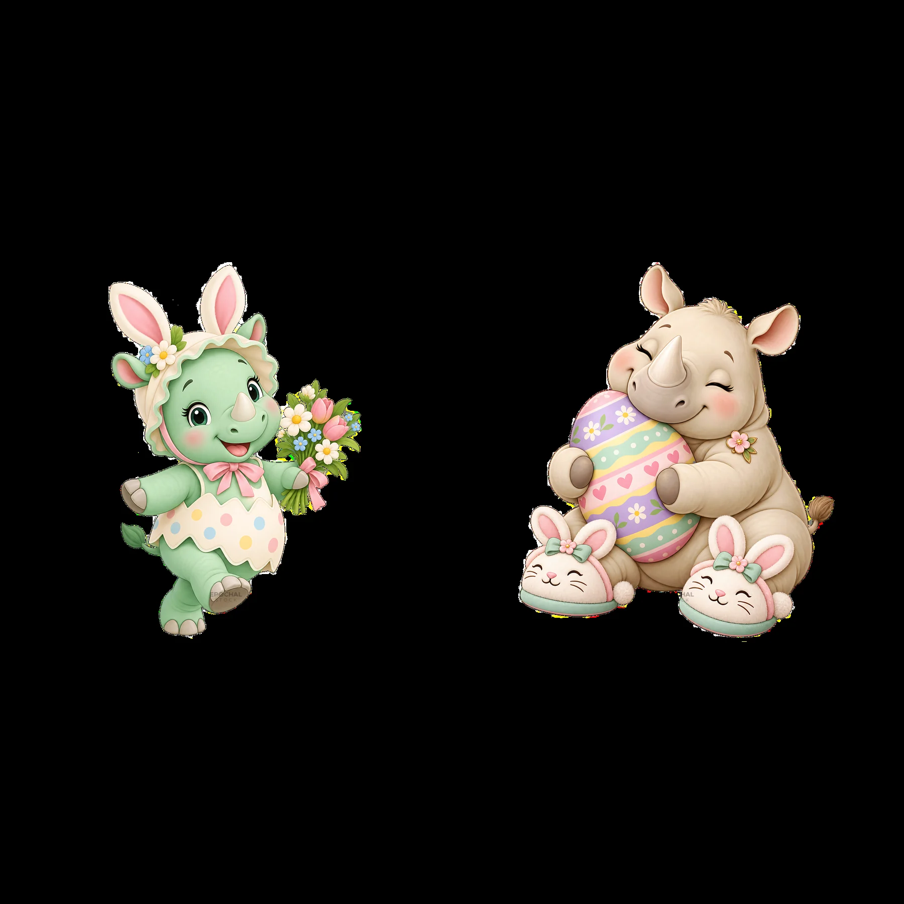 Easter rhinoceros characters with flowers and colorful eggs - AI-generated stock image