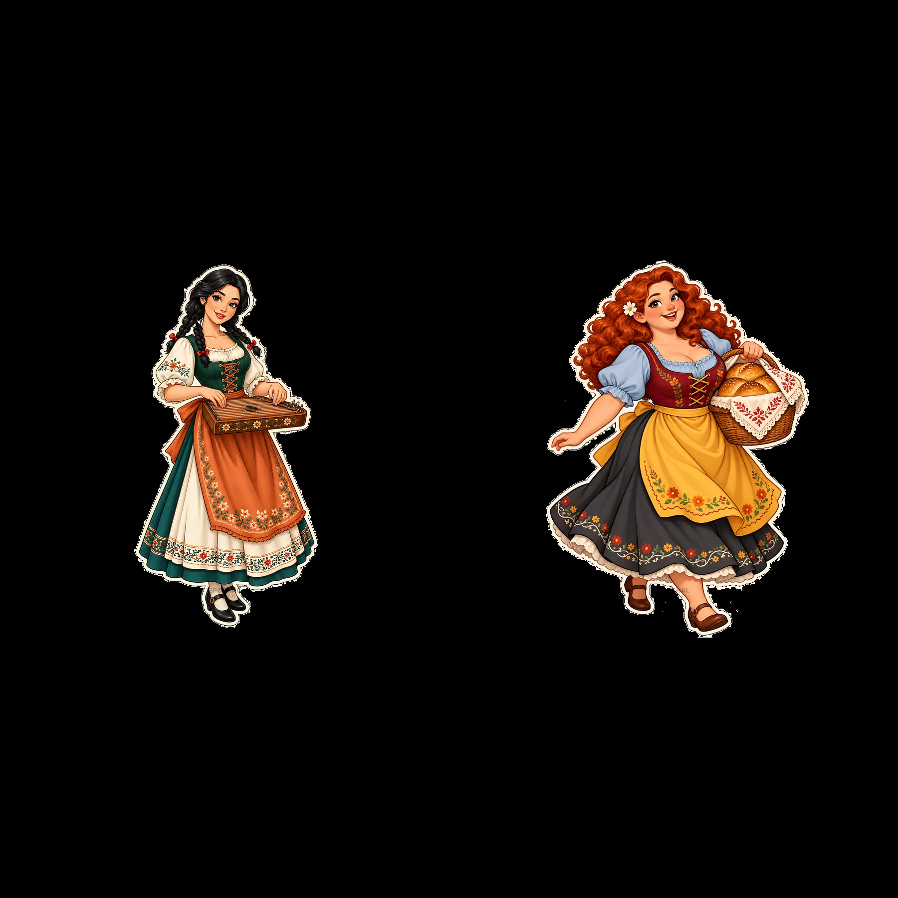 Women in traditional folk dress carrying baskets - AI-generated stock image