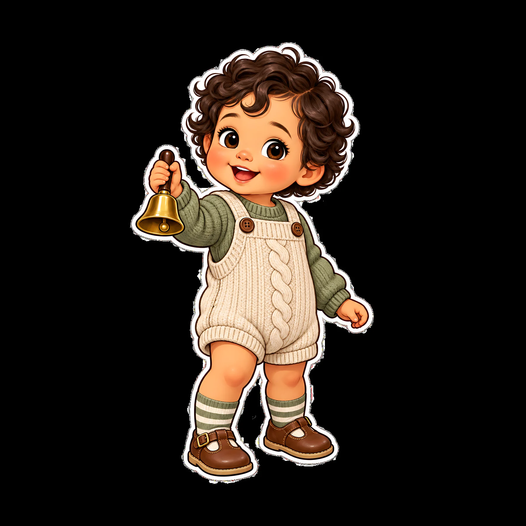 Happy child ringing bell in cable knit overalls with curly hair - AI-generated stock image
