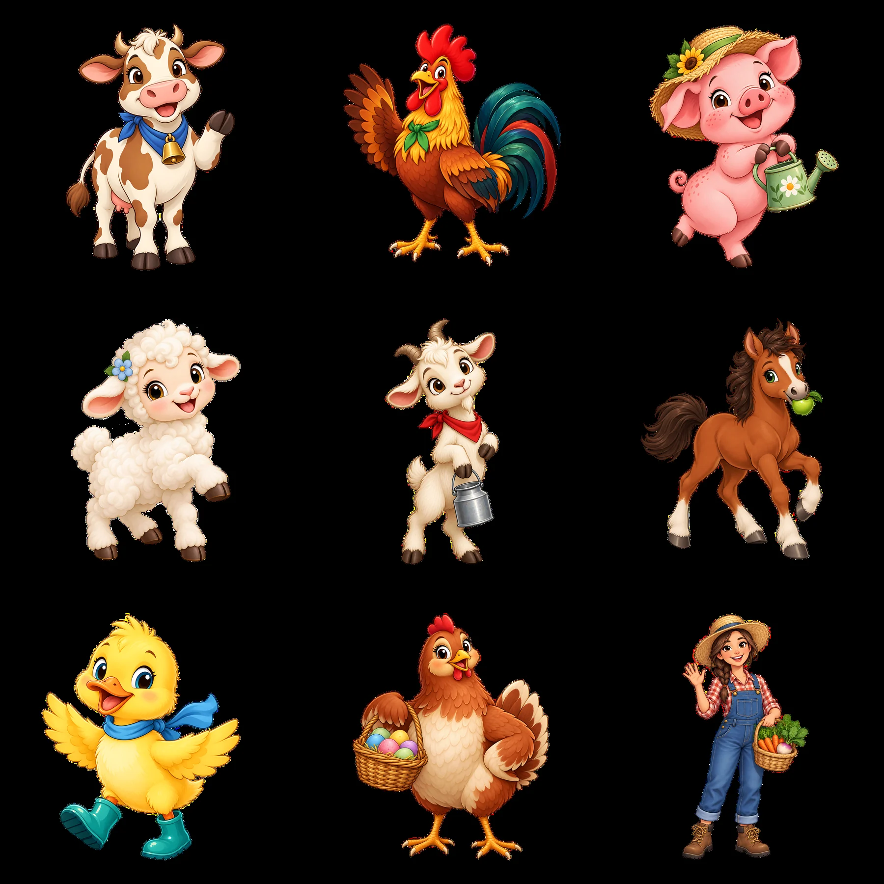 Farm animals and farmer character stickers arranged in grid - AI-generated stock image
