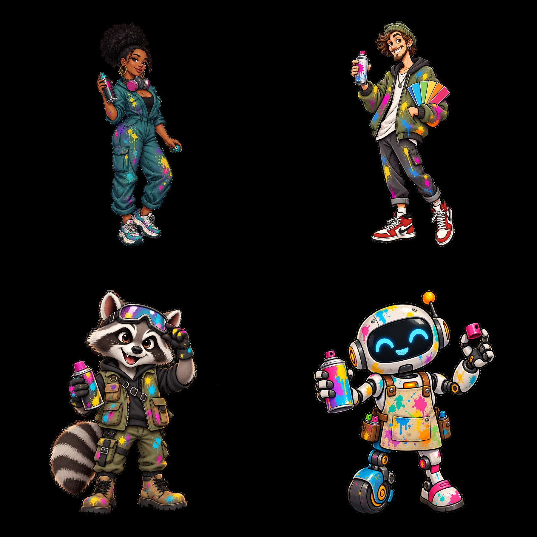 Graffiti sprayers holding paint cans in vibrant outfits - AI-generated stock image