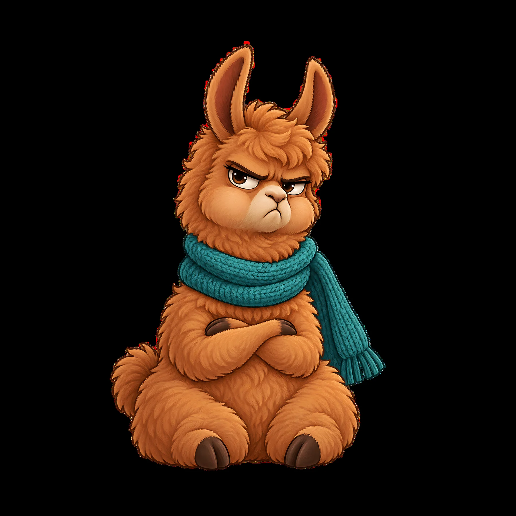 Grumpy llama character with a teal scarf sitting in a relaxed pose - AI-generated stock image