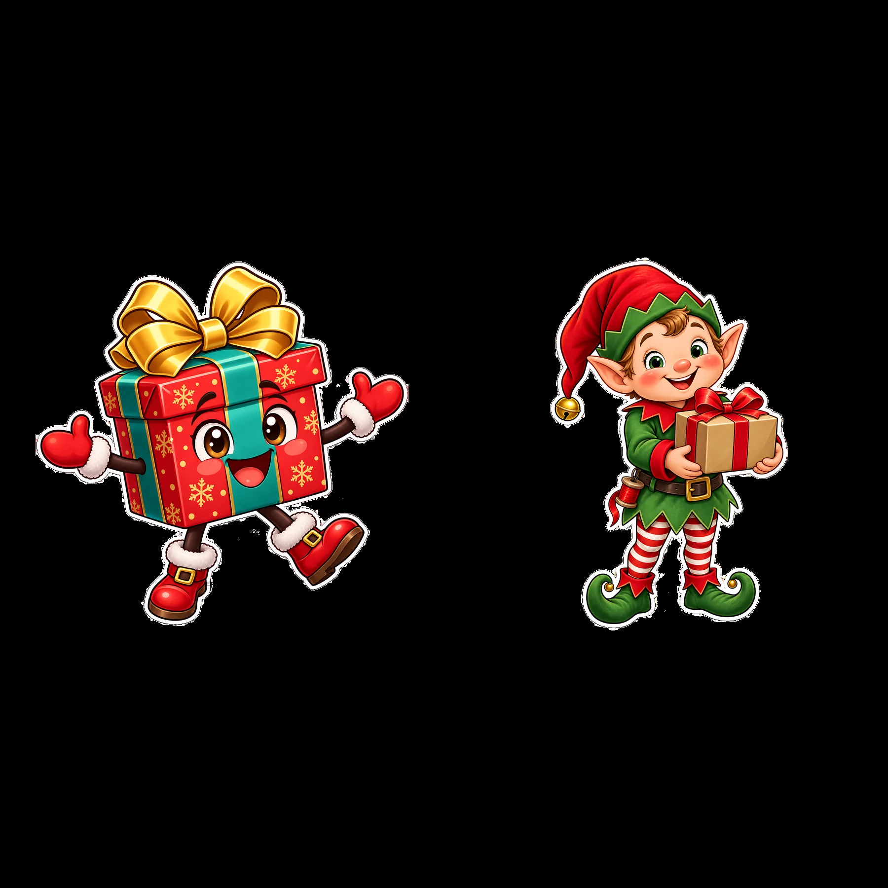 Happy elf and cheerful gift box with Christmas presents - AI-generated stock image