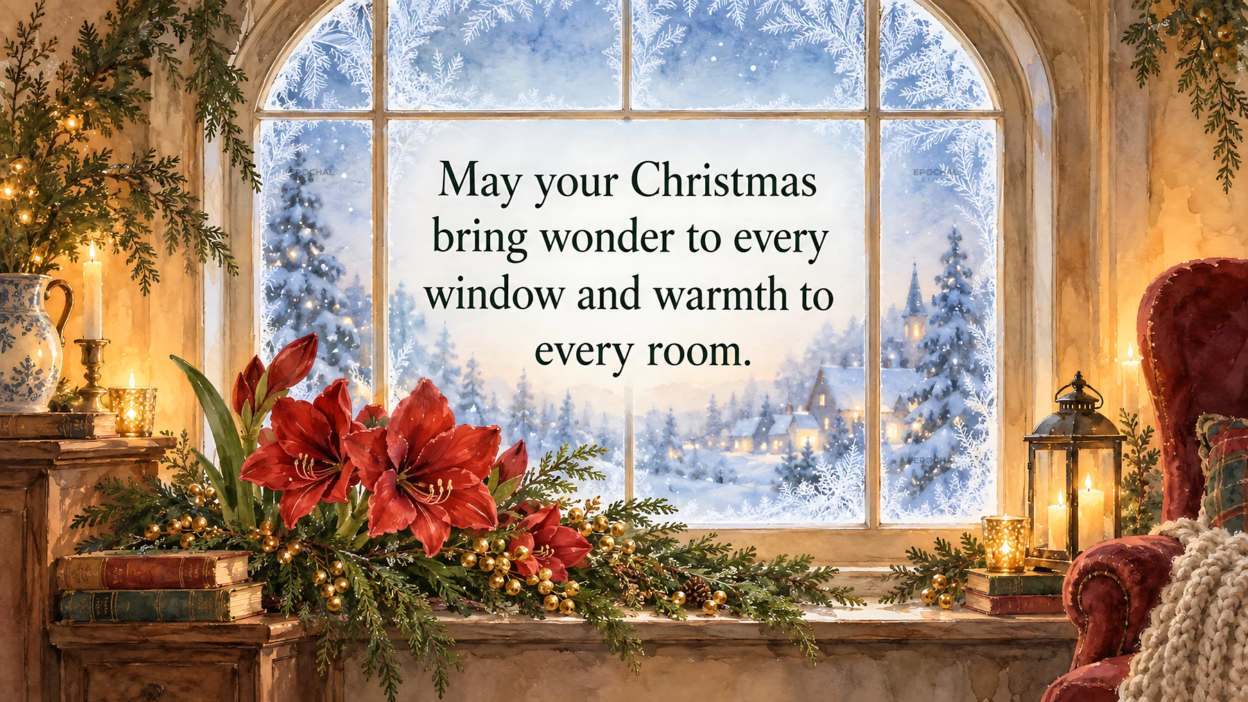 Christmas Window Greeting in a Cozy Candlelit Room - AI-generated stock image