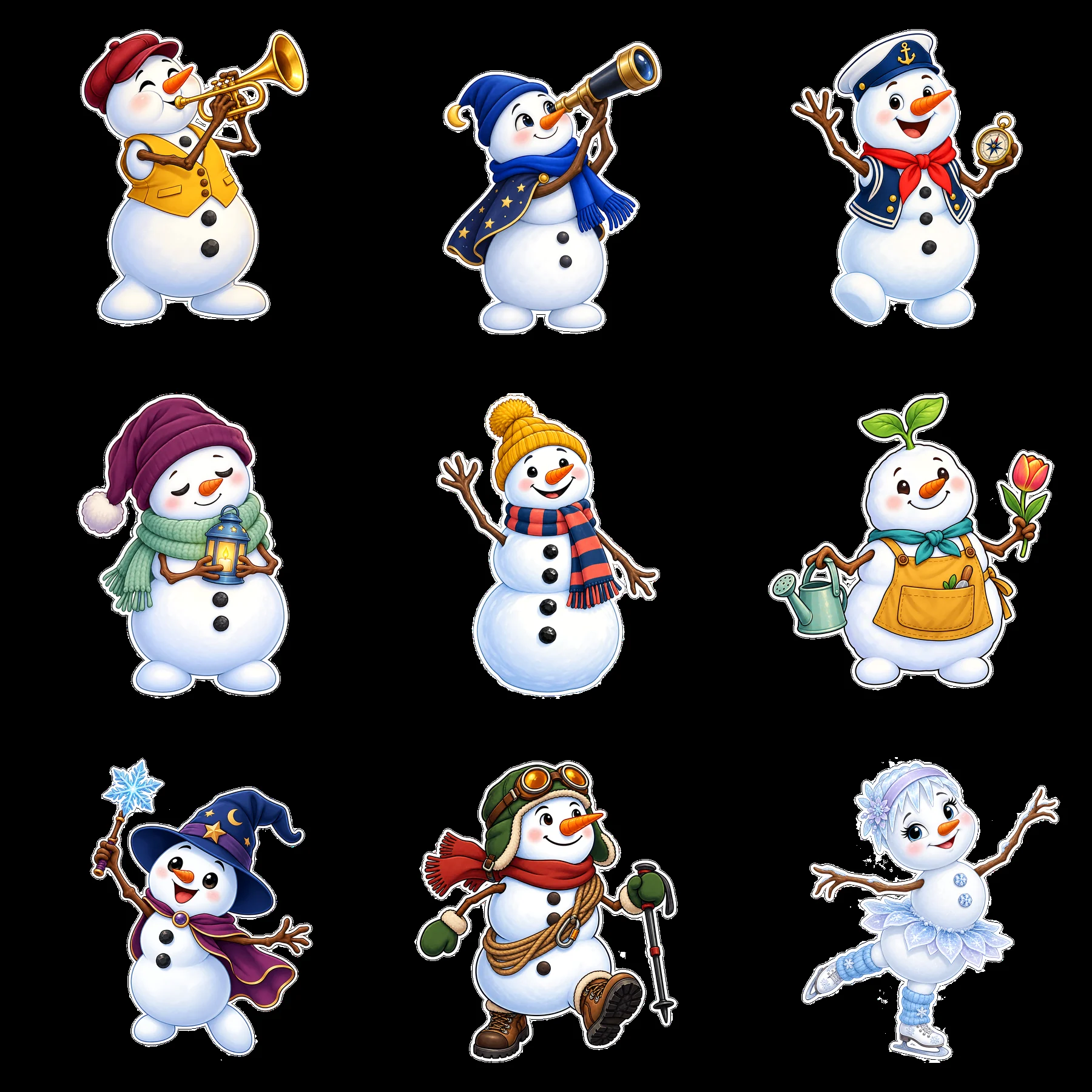 Snowmen engaging in various activities with accessories in 3x3 grid - AI-generated stock image