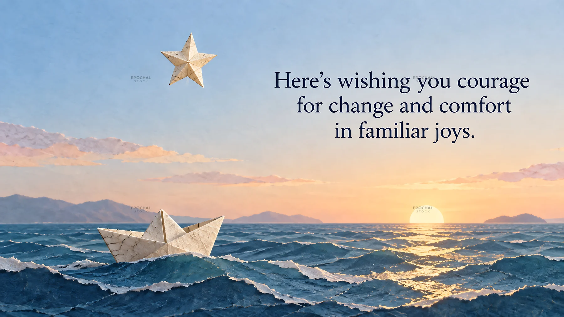 New Year greeting with origami boat at sunset - AI-generated stock image