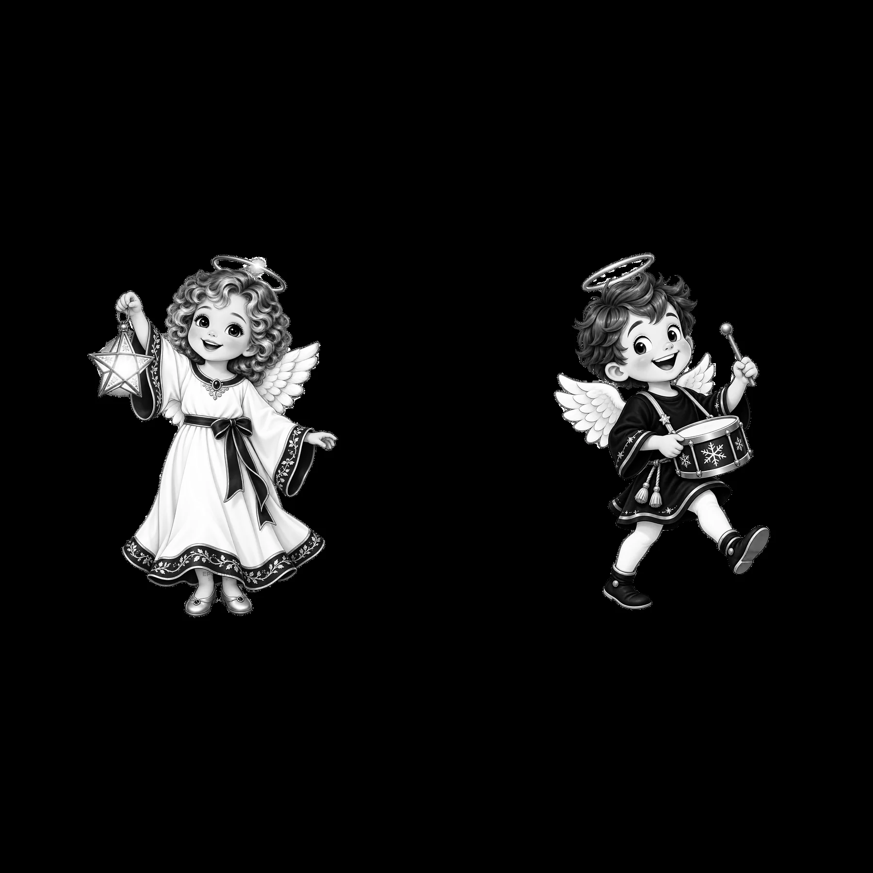 Christmas angels holding a star and drum in black and white - AI-generated stock image