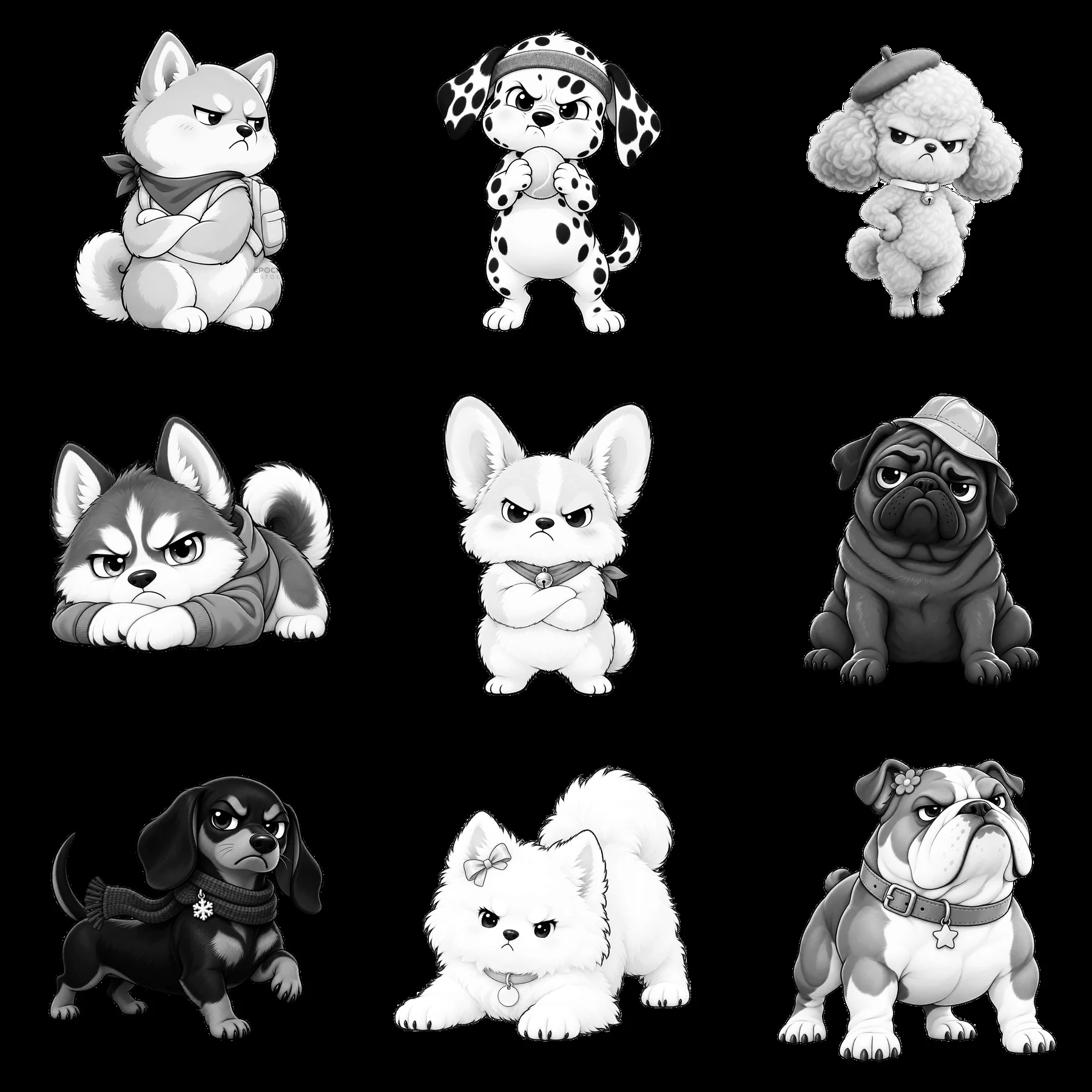 Kawaii grumpy dogs in black-and-white sticker set - AI-generated stock image