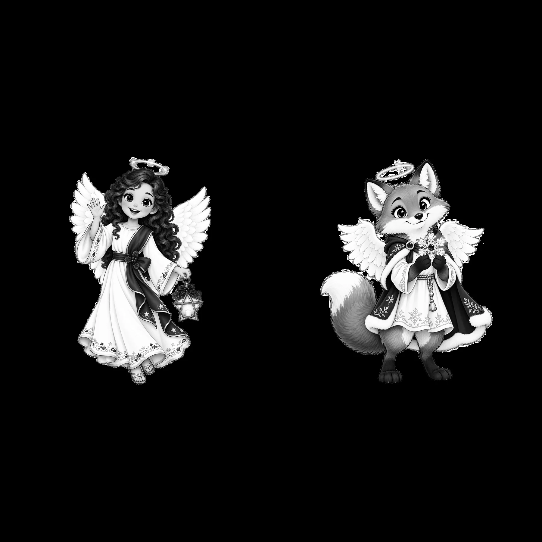 Christmas angel and fox character cartoon stickers - AI-generated stock image