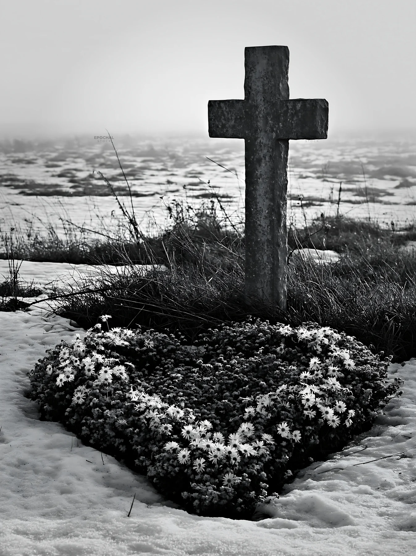 Stone Christian cross in snowy meadow with flowers - AI-generated stock image