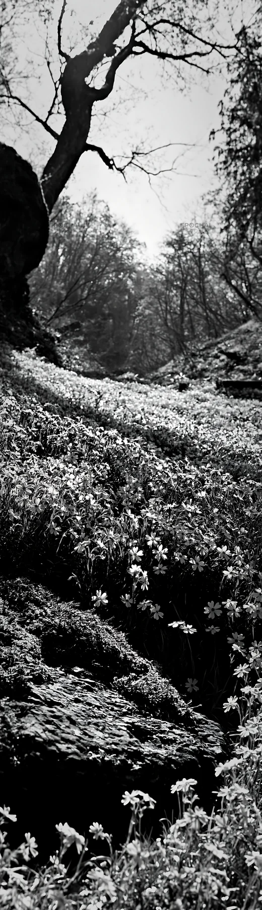 Miyagi spring recovery meadow mossy stone in black and white - AI-generated stock image